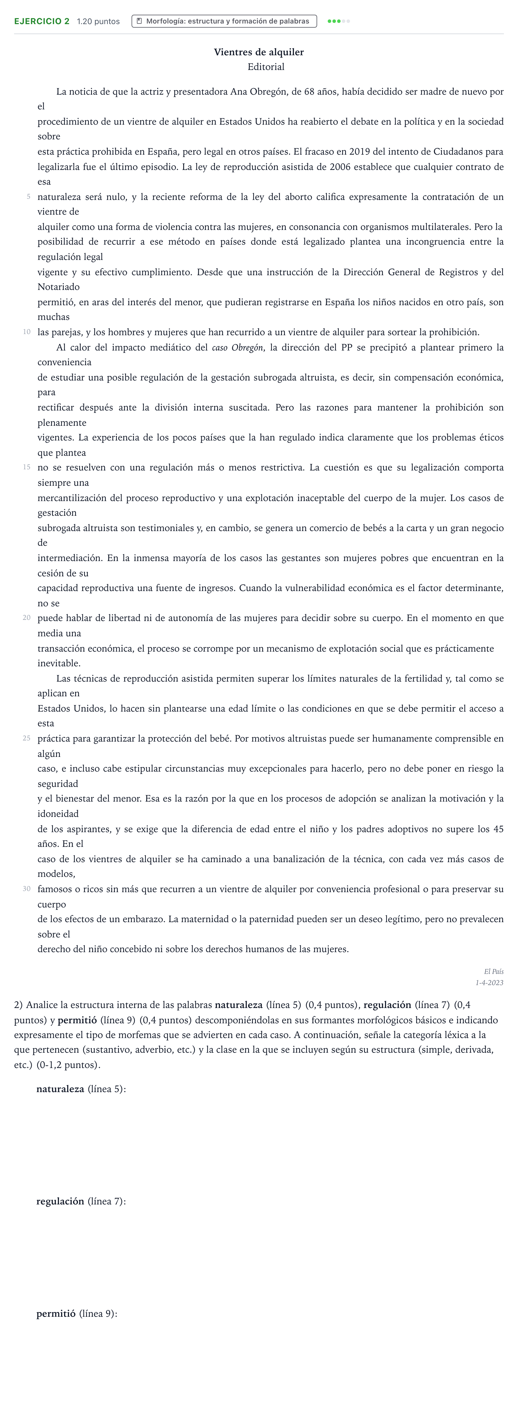 Enunciado: Problema 2 · Lengua Castellana y Literatura II PAU Valencia Ordinaria 2023