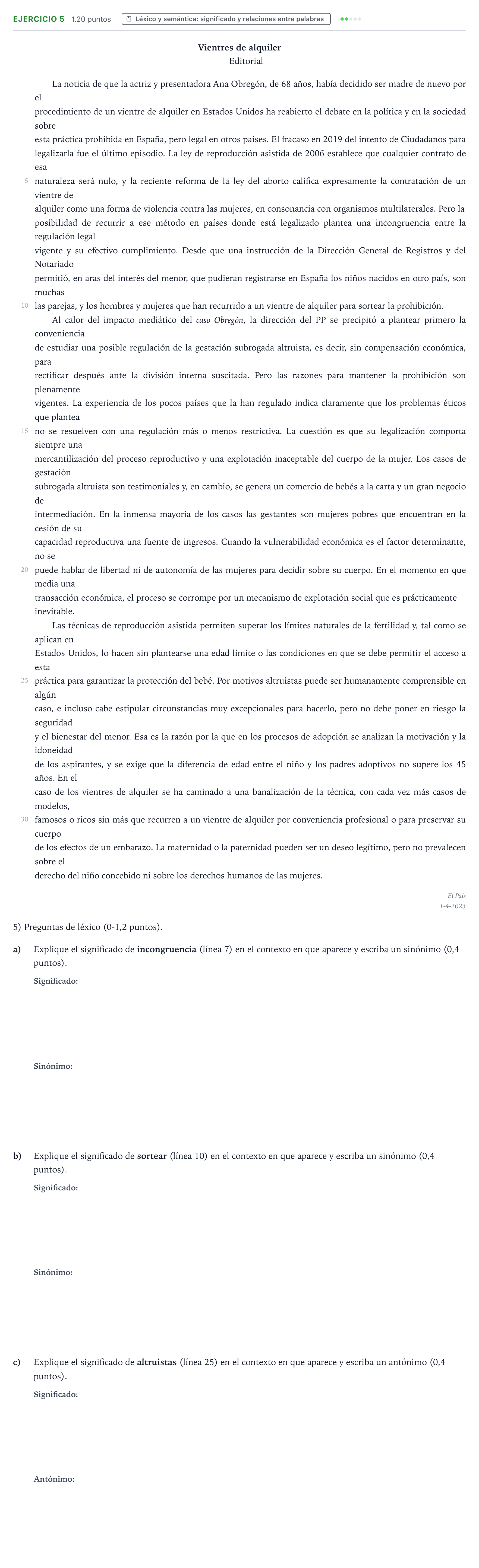 Enunciado: Problema 5 · Lengua Castellana y Literatura II PAU Valencia Ordinaria 2023