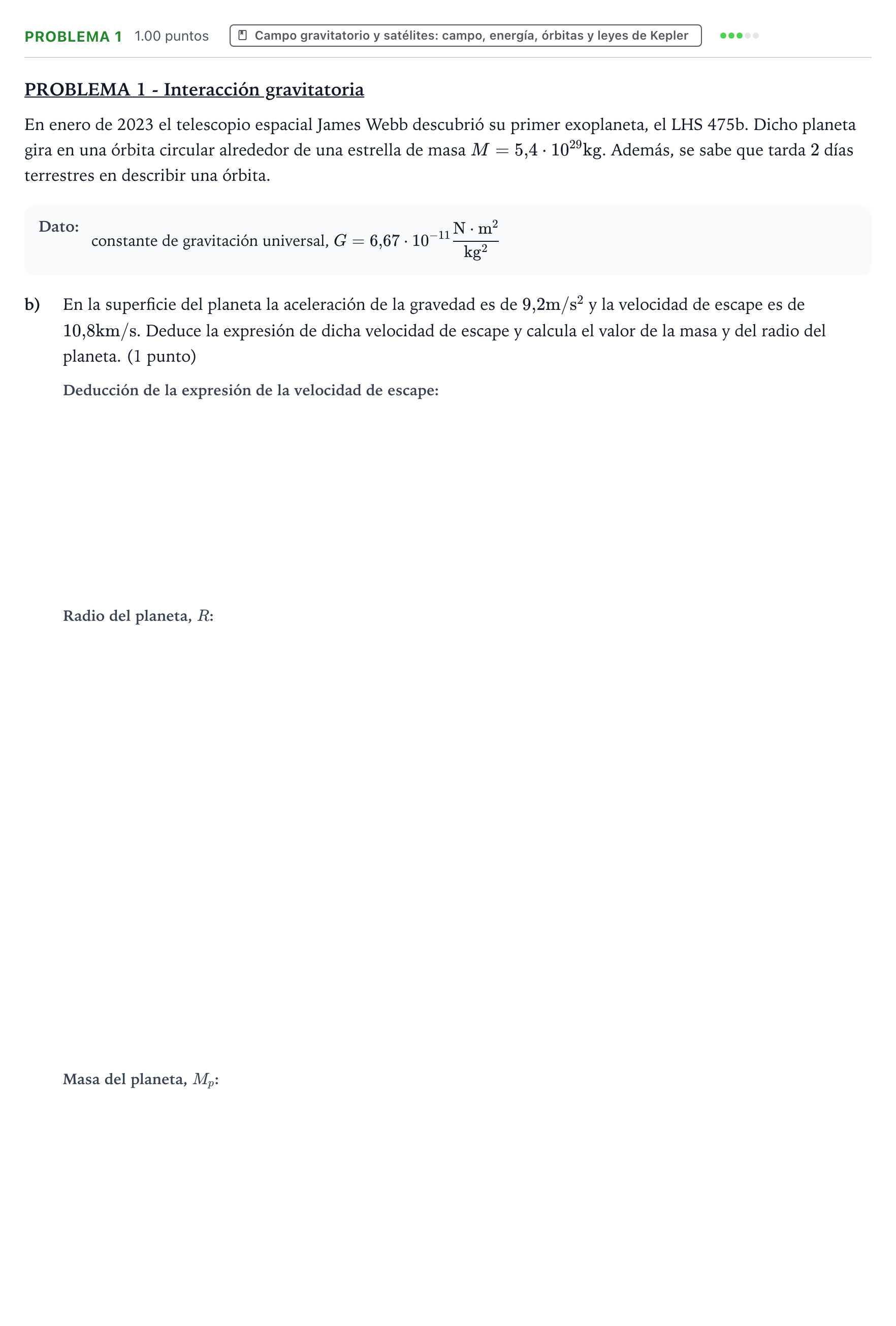 Enunciado: Problema 1 - Campo gravitatorio · Física PAU Valencia Extraordinaria 2023