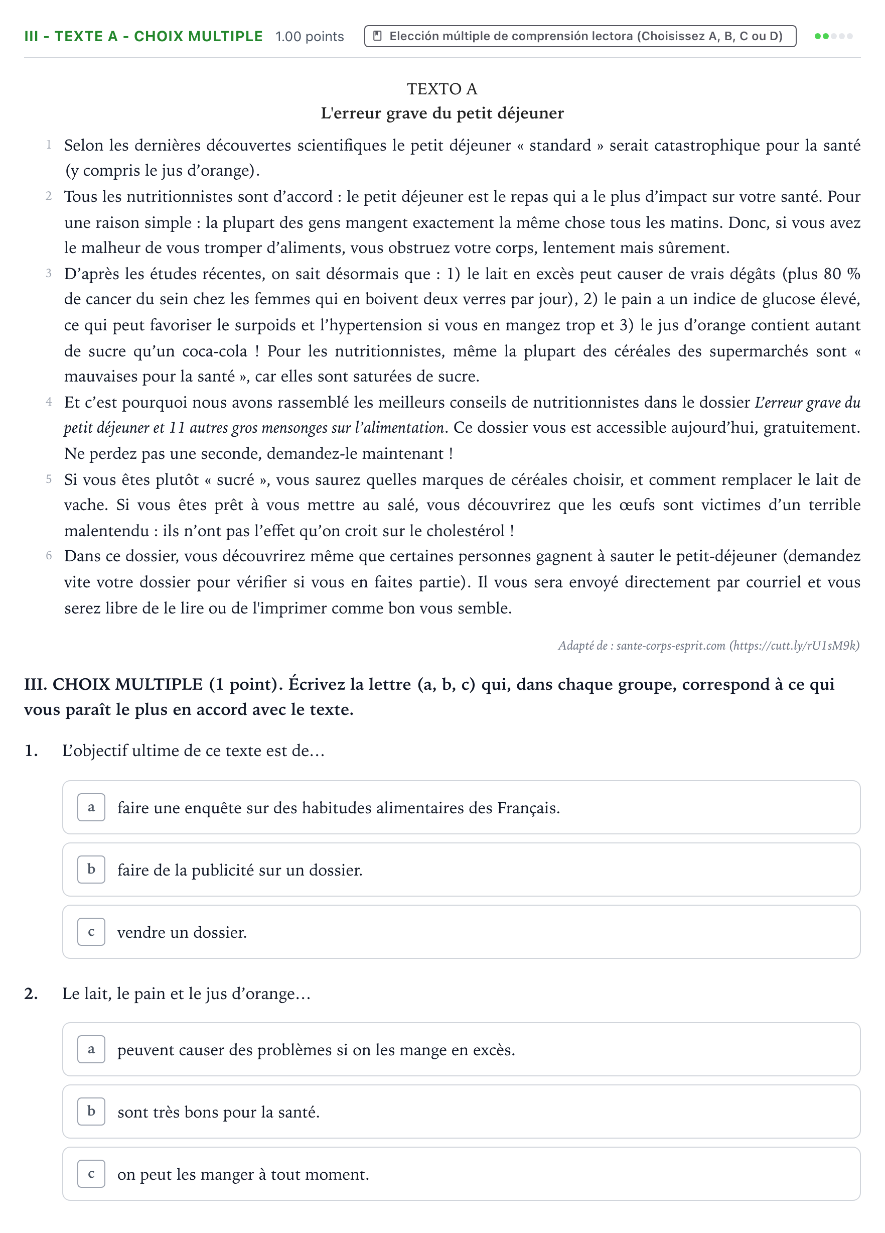 Enunciado: Ejercicio III - Texte A - Choix multiple · Francés PAU Valencia Extraordinaria 2023