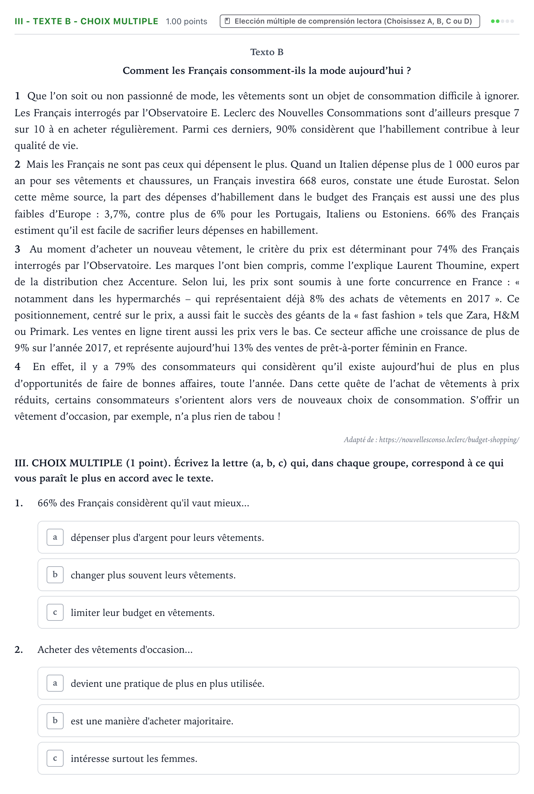 Enunciado: Ejercicio III - Texte B - Choix multiple · Francés PAU Valencia Extraordinaria 2023