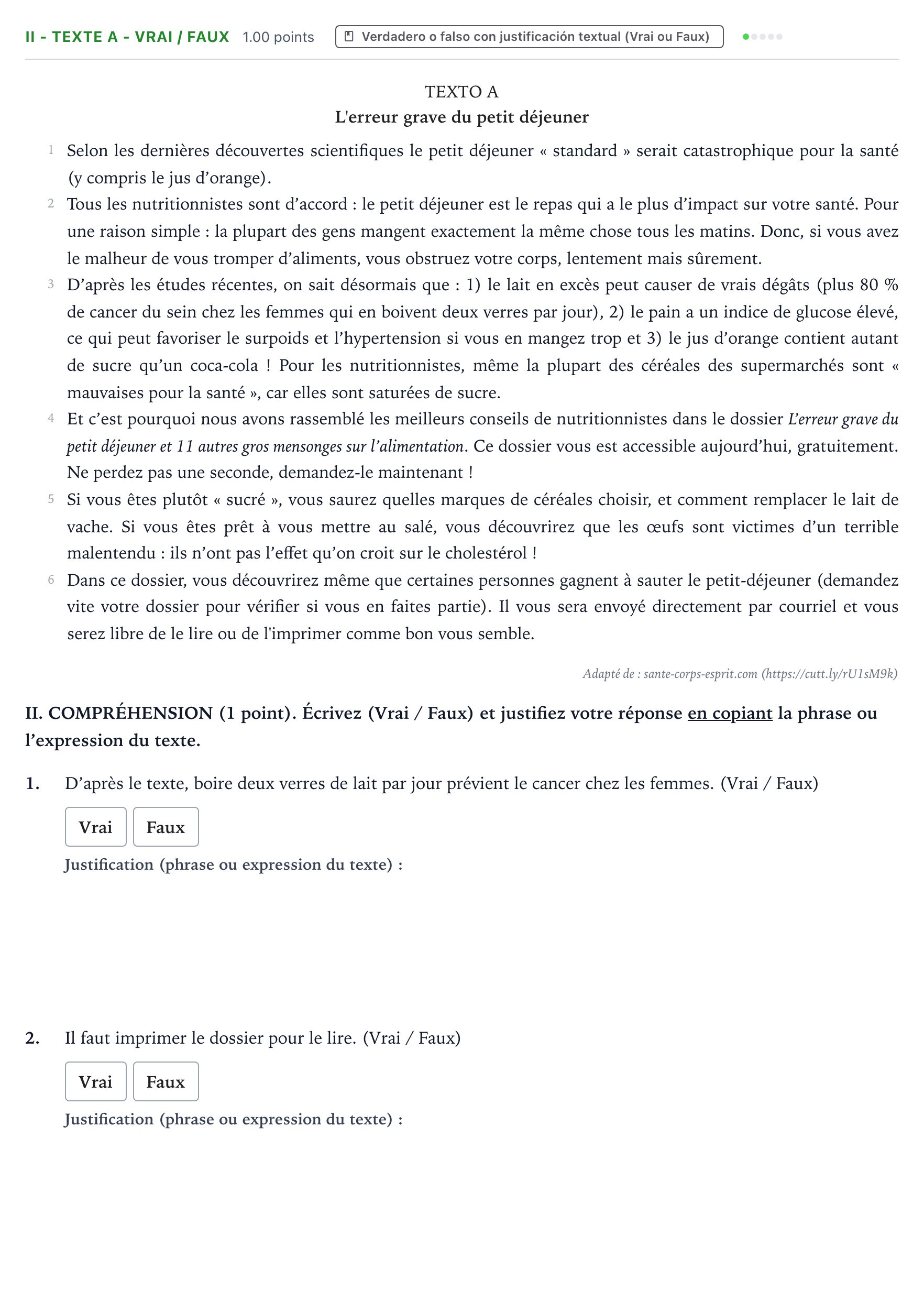 Enunciado: Ejercicio II - Texte A - Vrai / Faux · Francés PAU Valencia Extraordinaria 2023