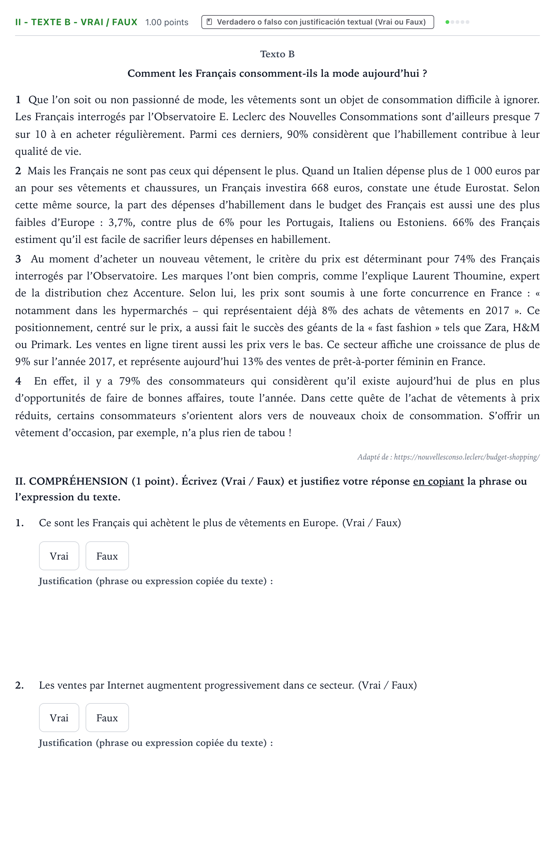 Enunciado: Ejercicio II - Texte B - Vrai / Faux · Francés PAU Valencia Extraordinaria 2023