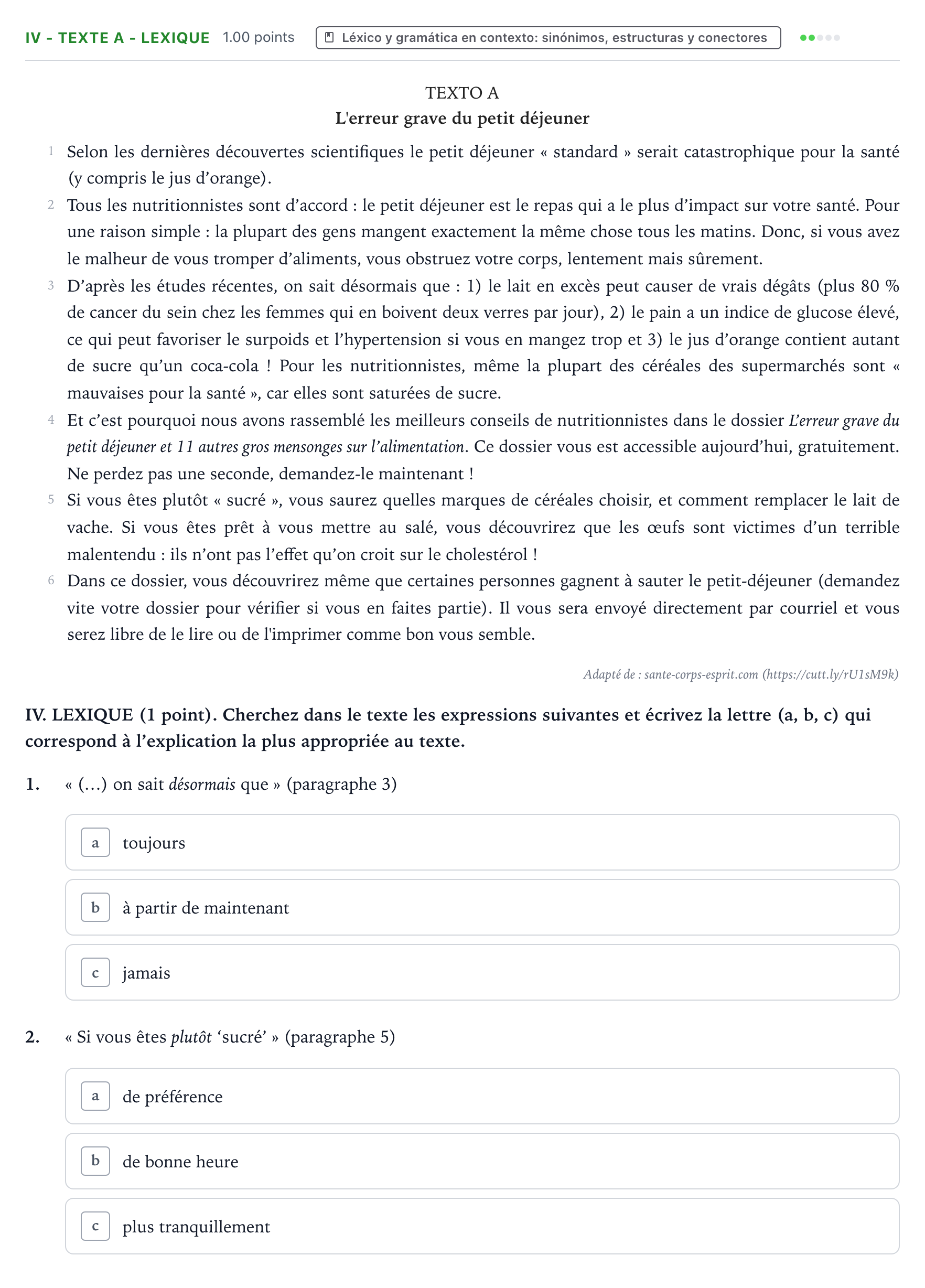 Enunciado: Ejercicio IV - Texte A - Lexique · Francés PAU Valencia Extraordinaria 2023