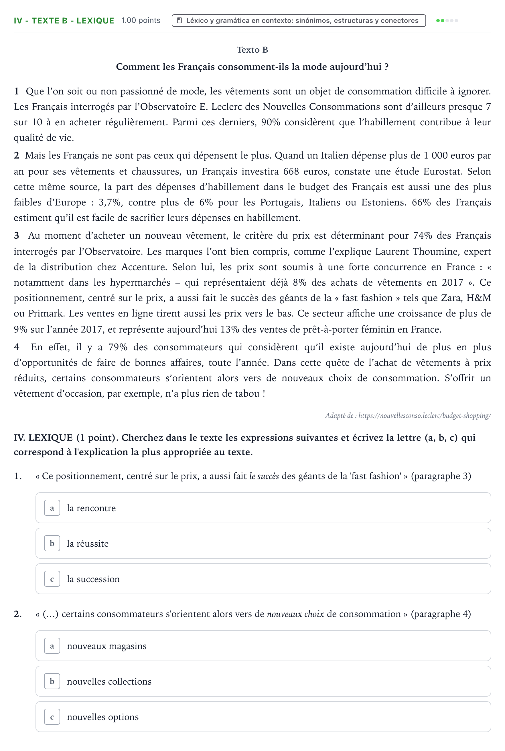 Enunciado: Ejercicio IV - Texte B - Lexique · Francés PAU Valencia Extraordinaria 2023