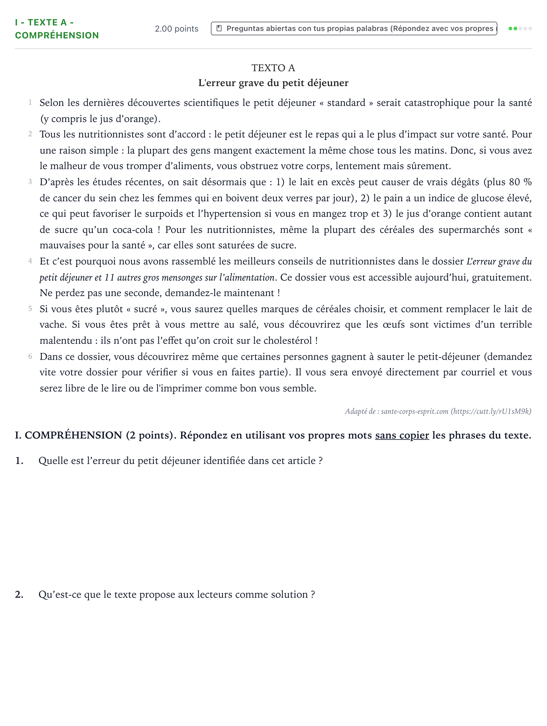Enunciado: Ejercicio I - Texte A - Compréhension · Francés PAU Valencia Extraordinaria 2023