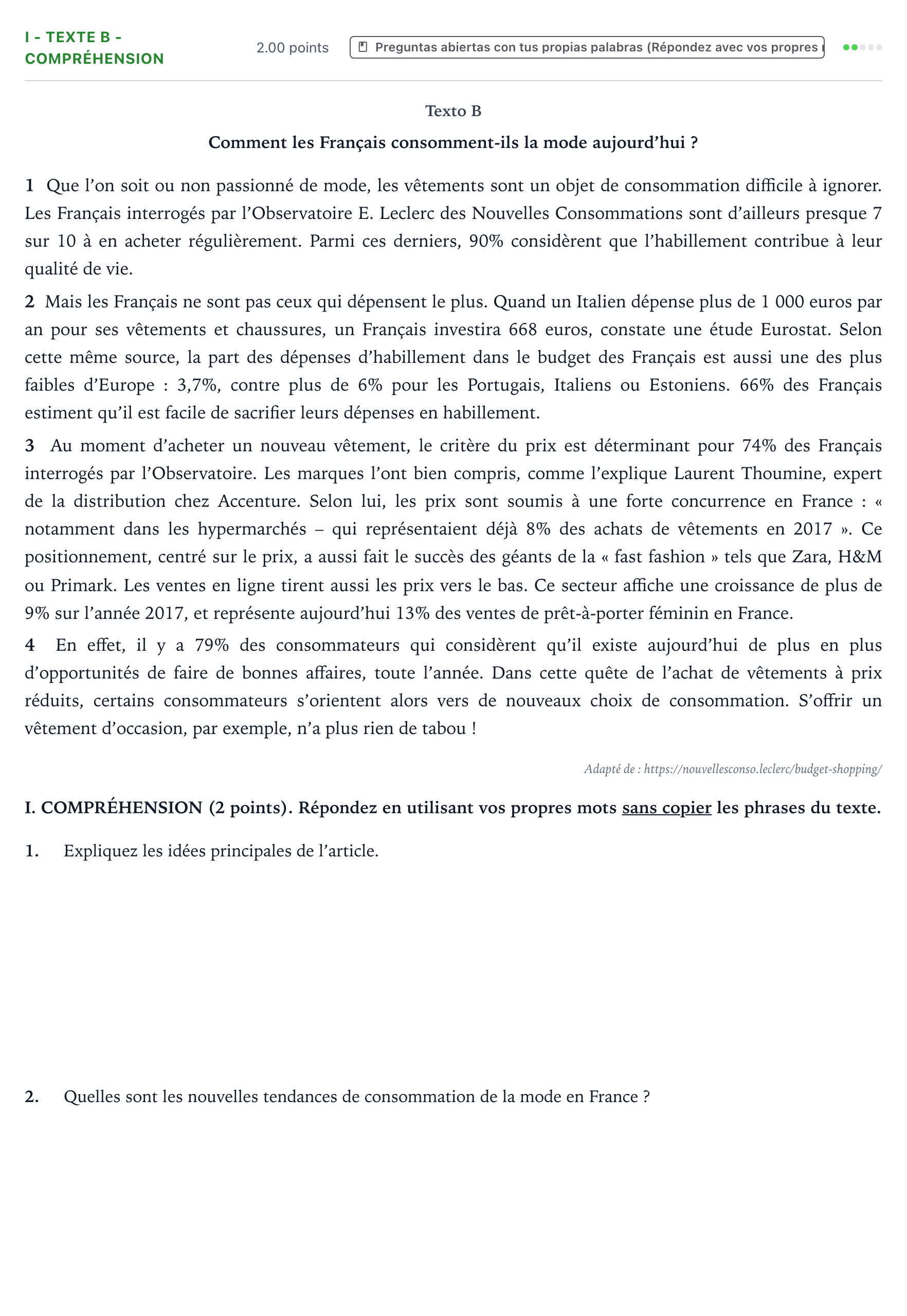 Enunciado: Ejercicio I - Texte B - Compréhension · Francés PAU Valencia Extraordinaria 2023