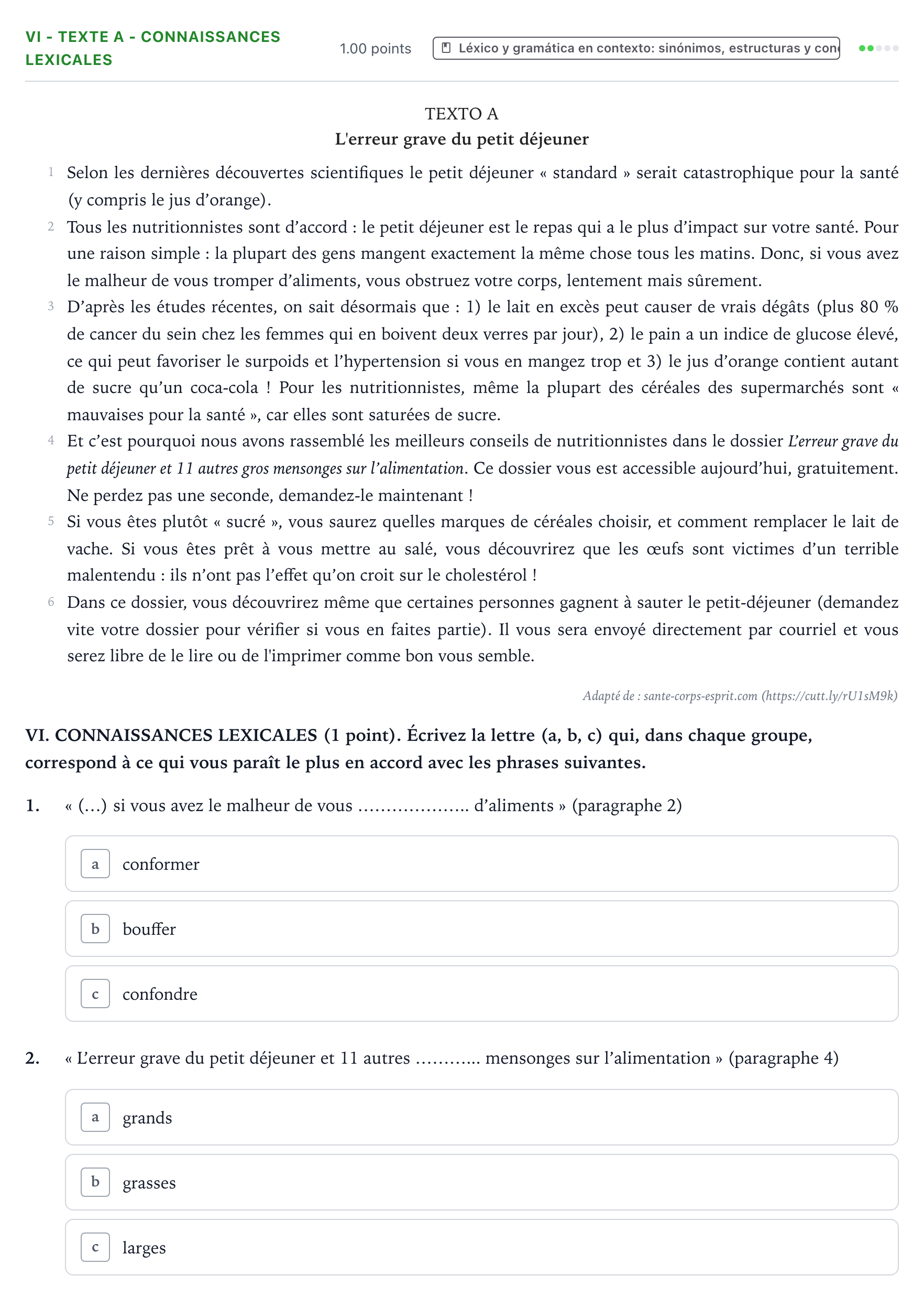 Enunciado: Ejercicio VI - Texte A - Connaissances lexicales · Francés PAU Valencia Extraordinaria 2023