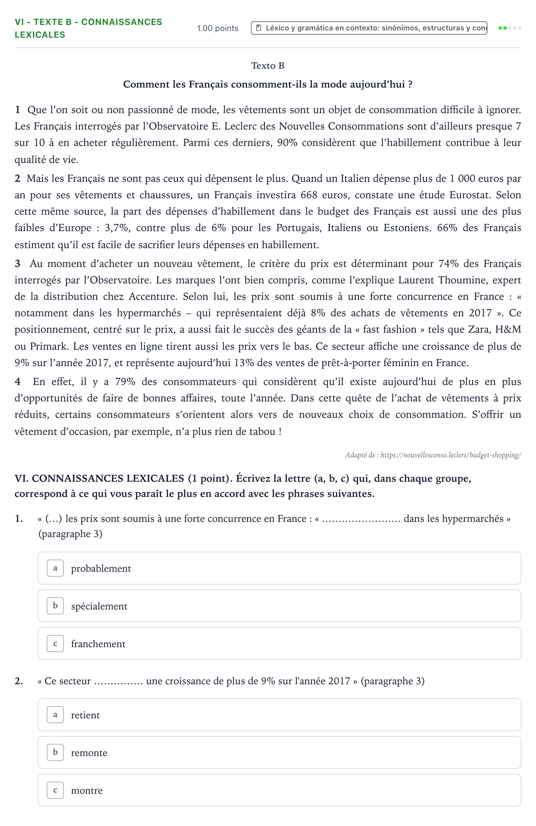 Enunciado: Ejercicio VI - Texte B - Connaissances lexicales · Francés PAU Valencia Extraordinaria 2023