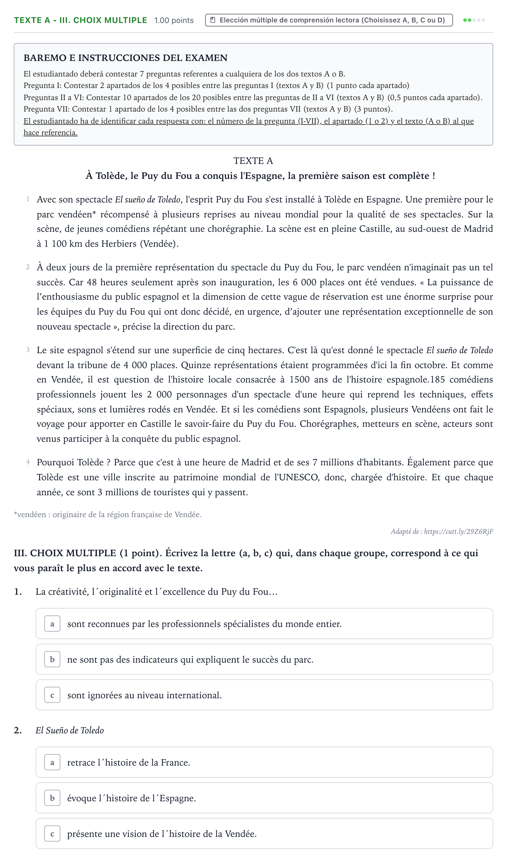 Enunciado: Ejercicio Texte A - III. Choix multiple · Francés PAU Valencia Ordinaria 2023