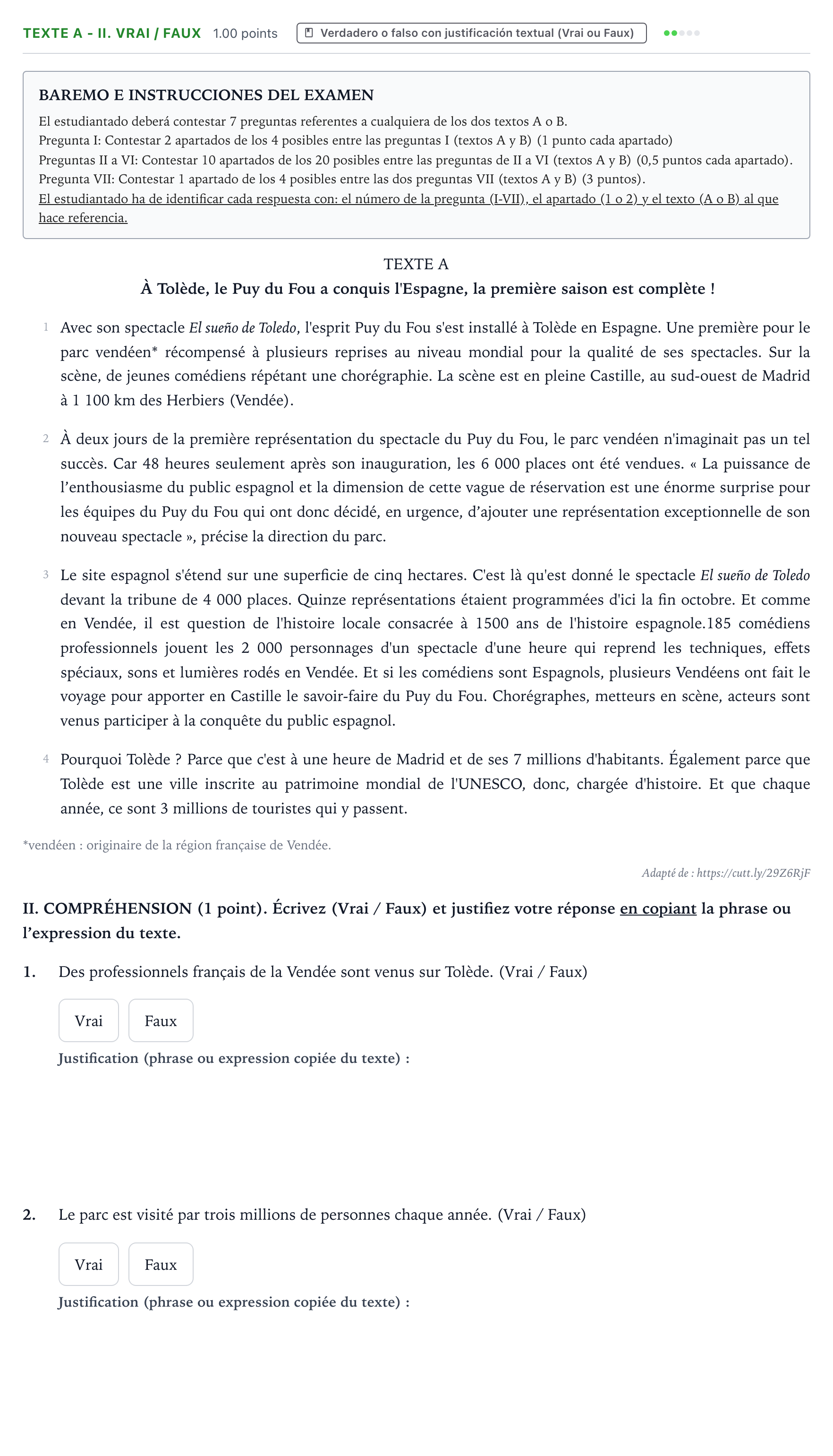 Enunciado: Ejercicio Texte A - II. Vrai / Faux · Francés PAU Valencia Ordinaria 2023