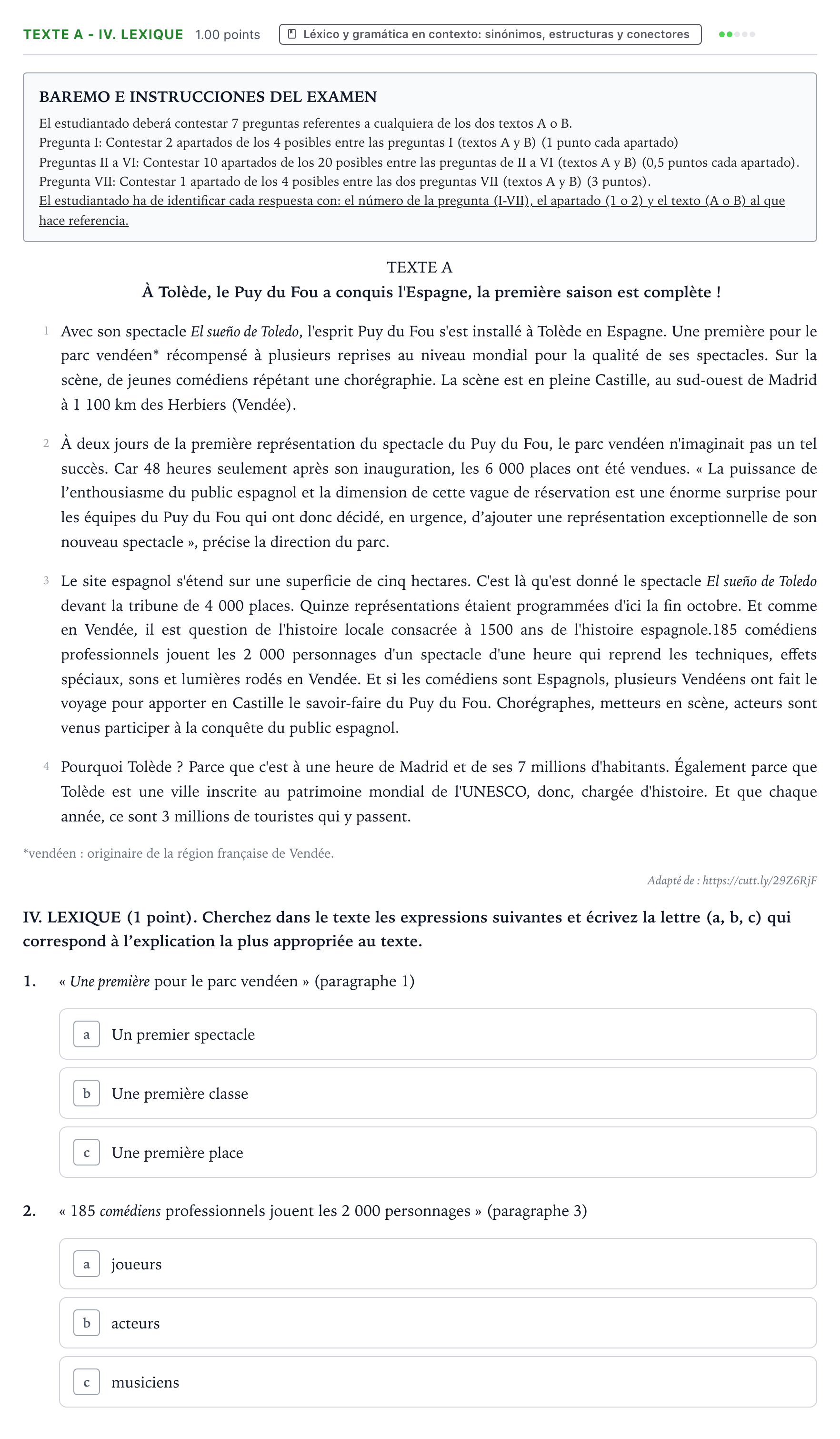 Enunciado: Ejercicio Texte A - IV. Lexique · Francés PAU Valencia Ordinaria 2023