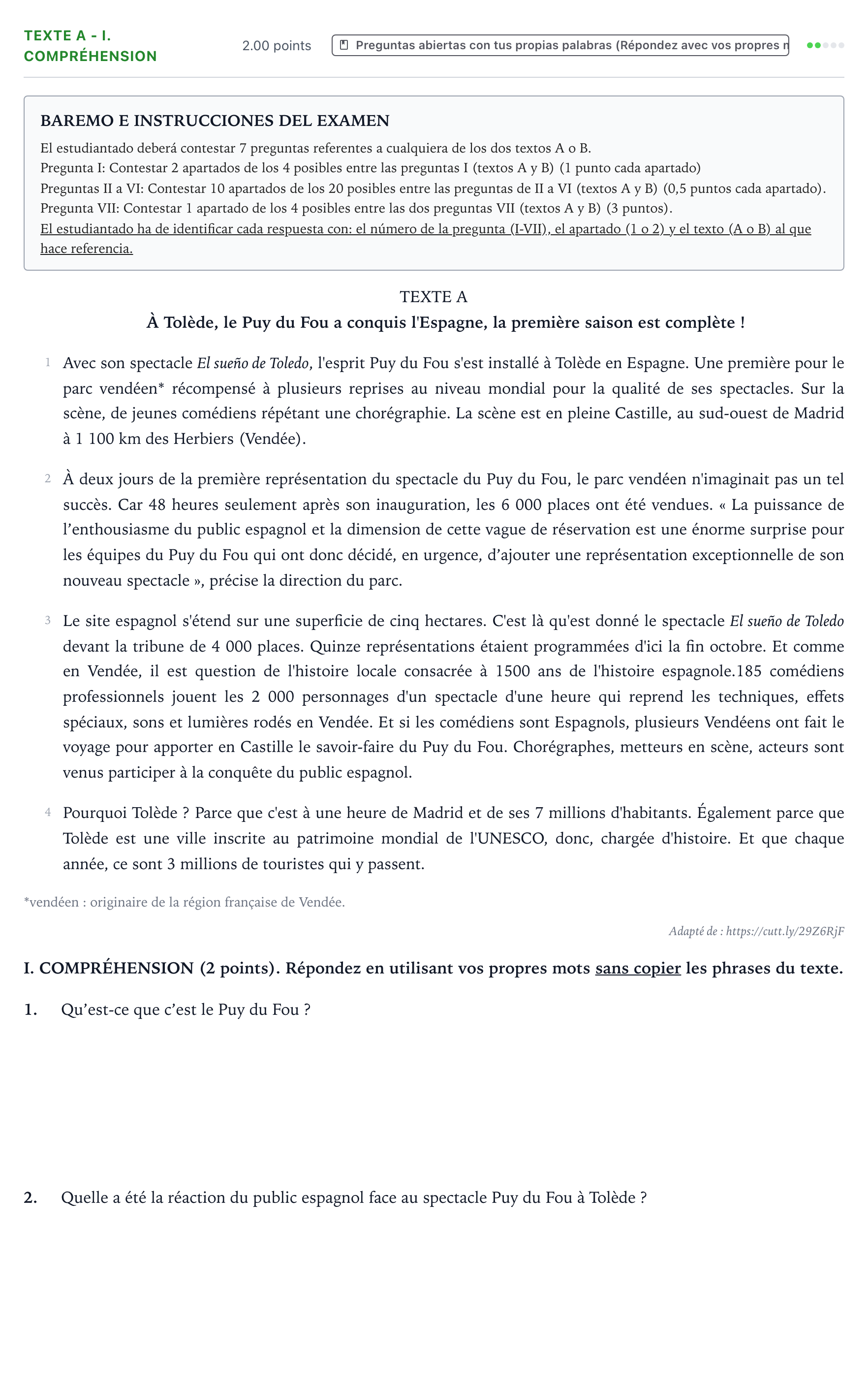 Enunciado: Ejercicio Texte A - I. Compréhension · Francés PAU Valencia Ordinaria 2023
