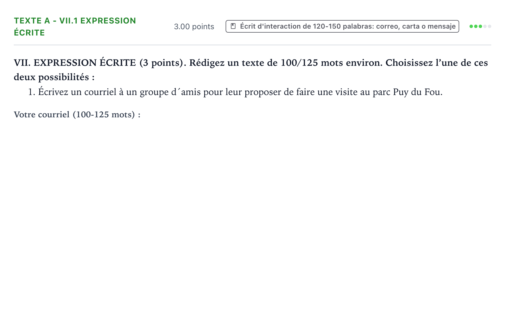 Enunciado: Ejercicio Texte A - VII.1 Expression écrite · Francés PAU Valencia Ordinaria 2023