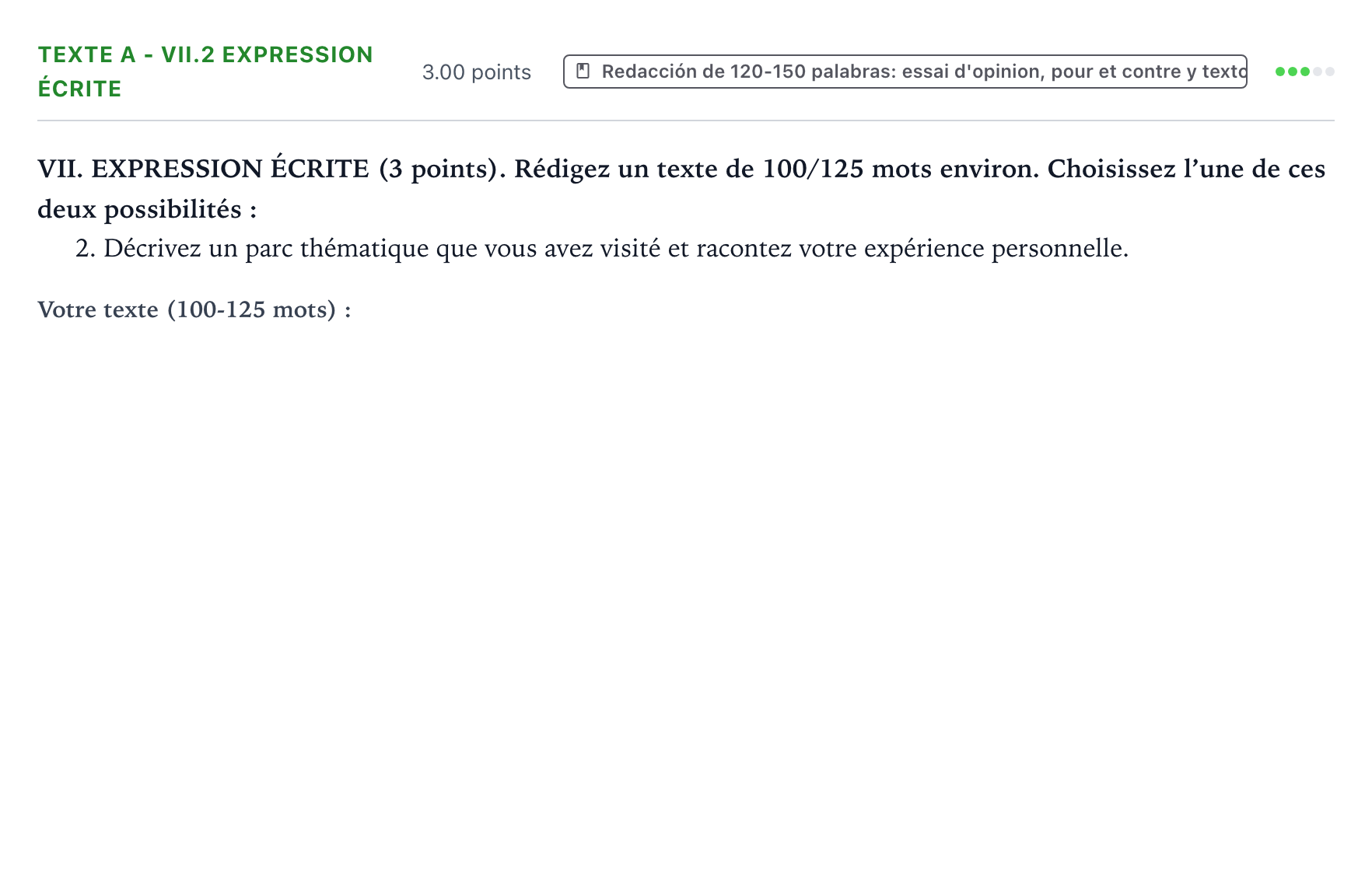 Enunciado: Ejercicio Texte A - VII.2 Expression écrite · Francés PAU Valencia Ordinaria 2023