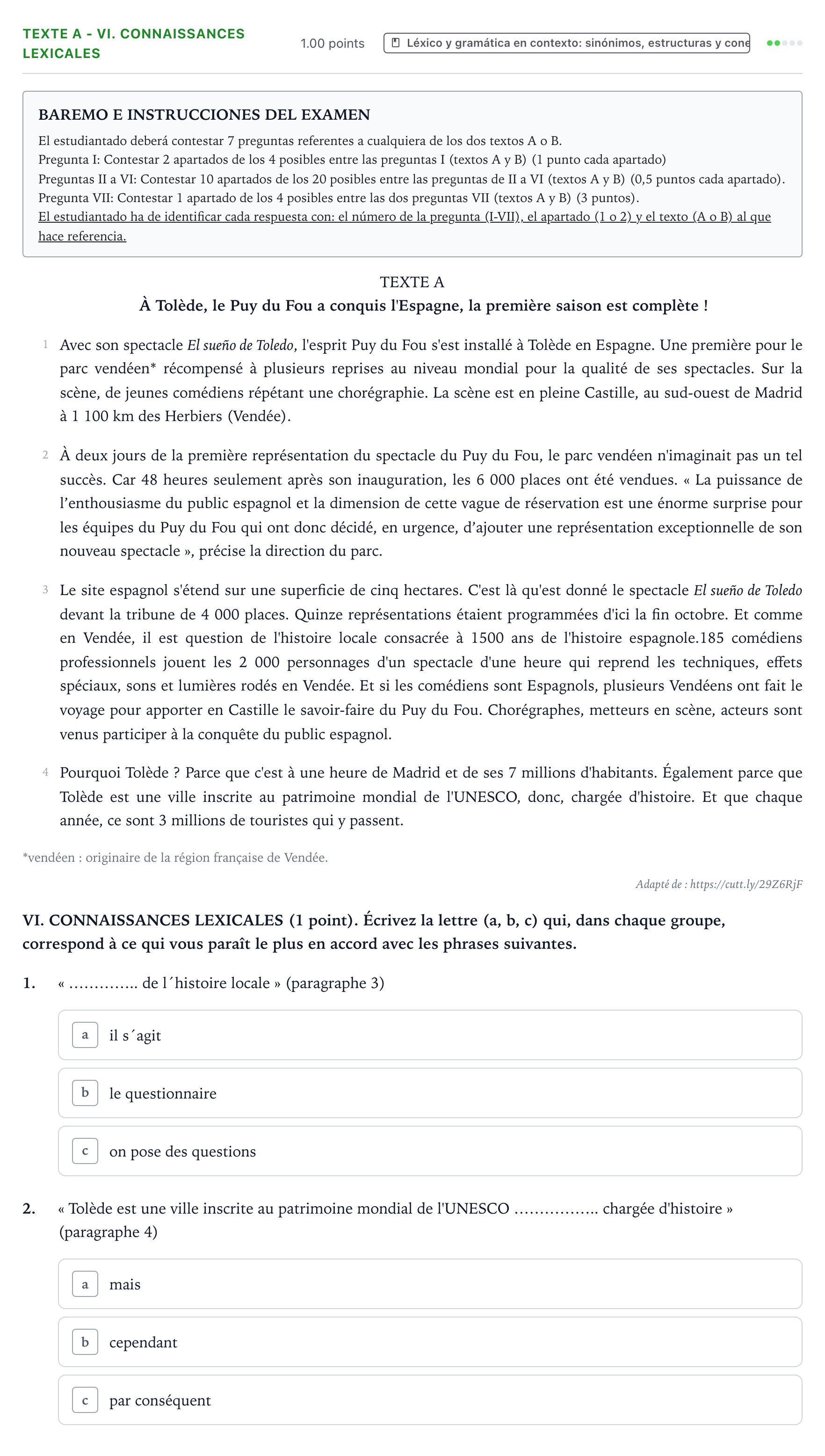 Enunciado: Ejercicio Texte A - VI. Connaissances lexicales · Francés PAU Valencia Ordinaria 2023