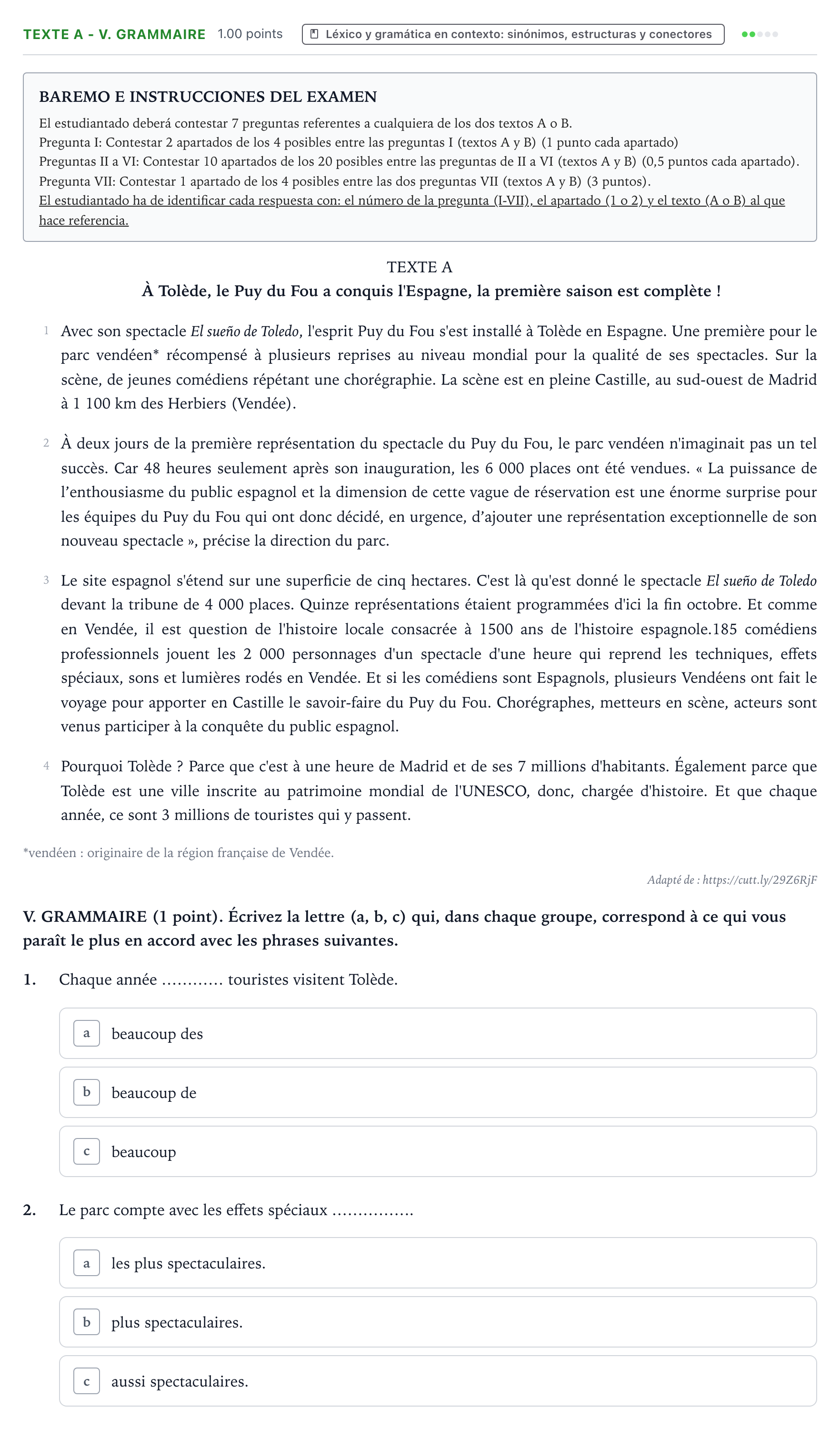 Enunciado: Ejercicio Texte A - V. Grammaire · Francés PAU Valencia Ordinaria 2023