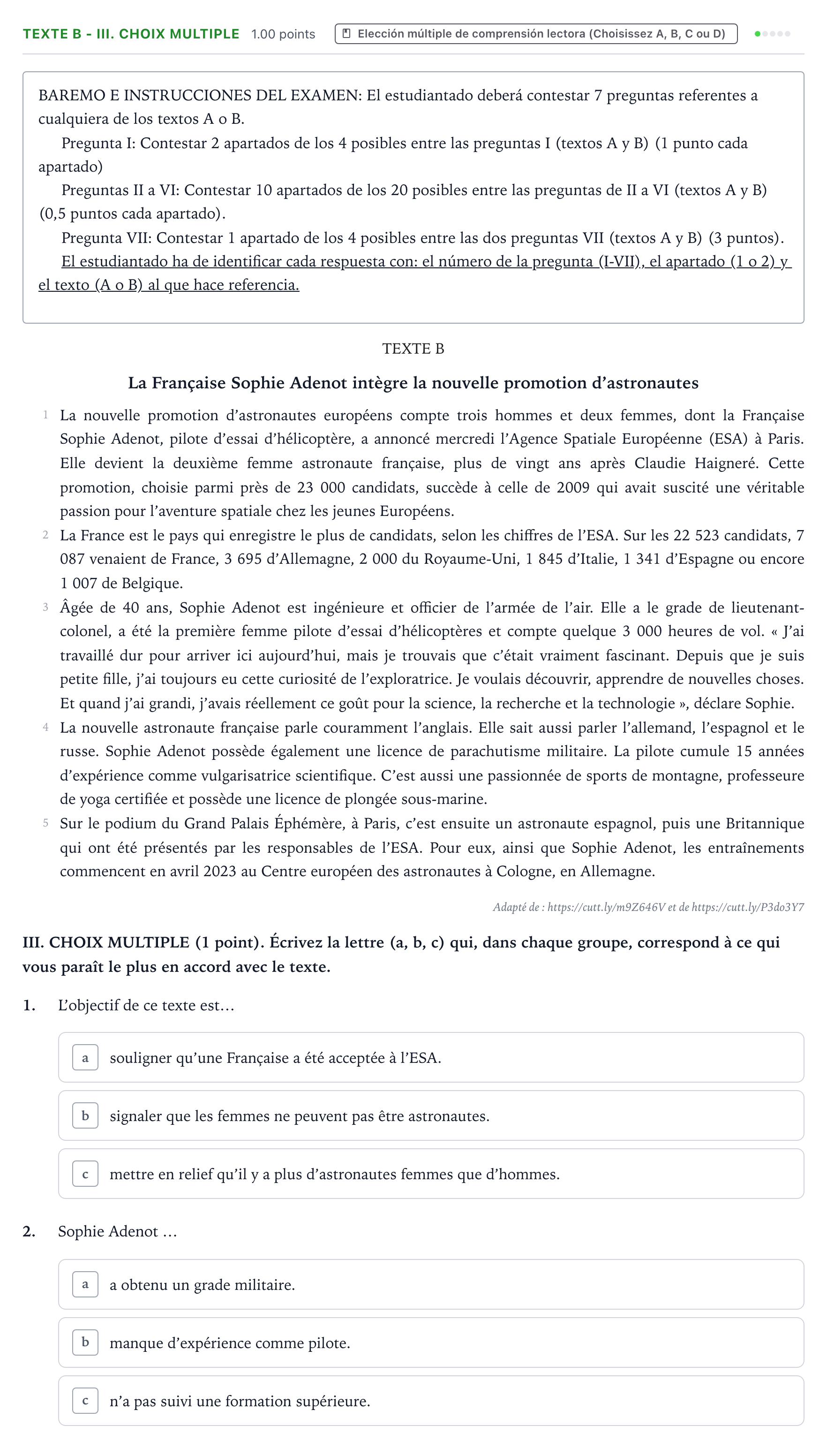 Enunciado: Ejercicio Texte B - III. Choix multiple · Francés PAU Valencia Ordinaria 2023