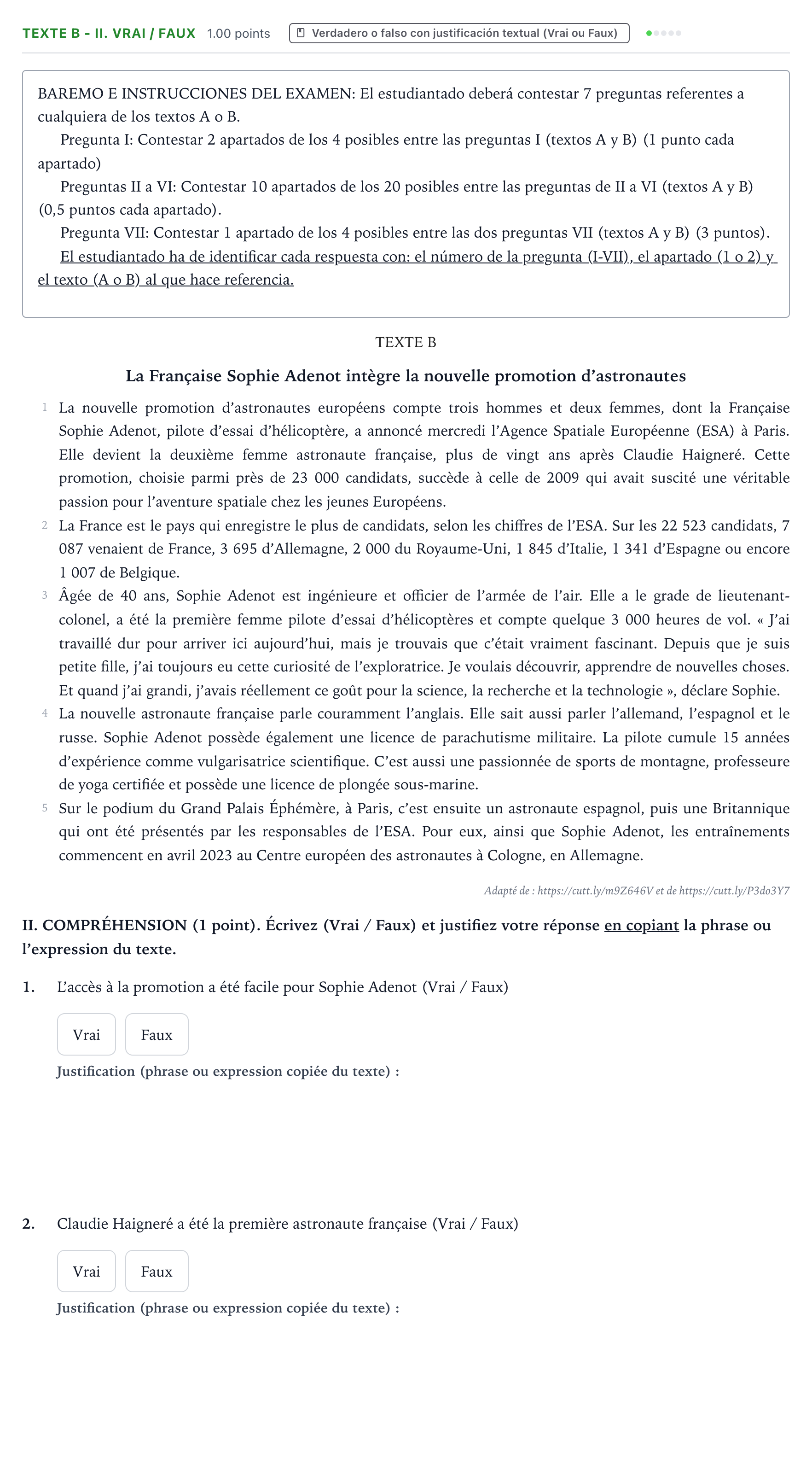 Enunciado: Ejercicio Texte B - II. Vrai / Faux · Francés PAU Valencia Ordinaria 2023