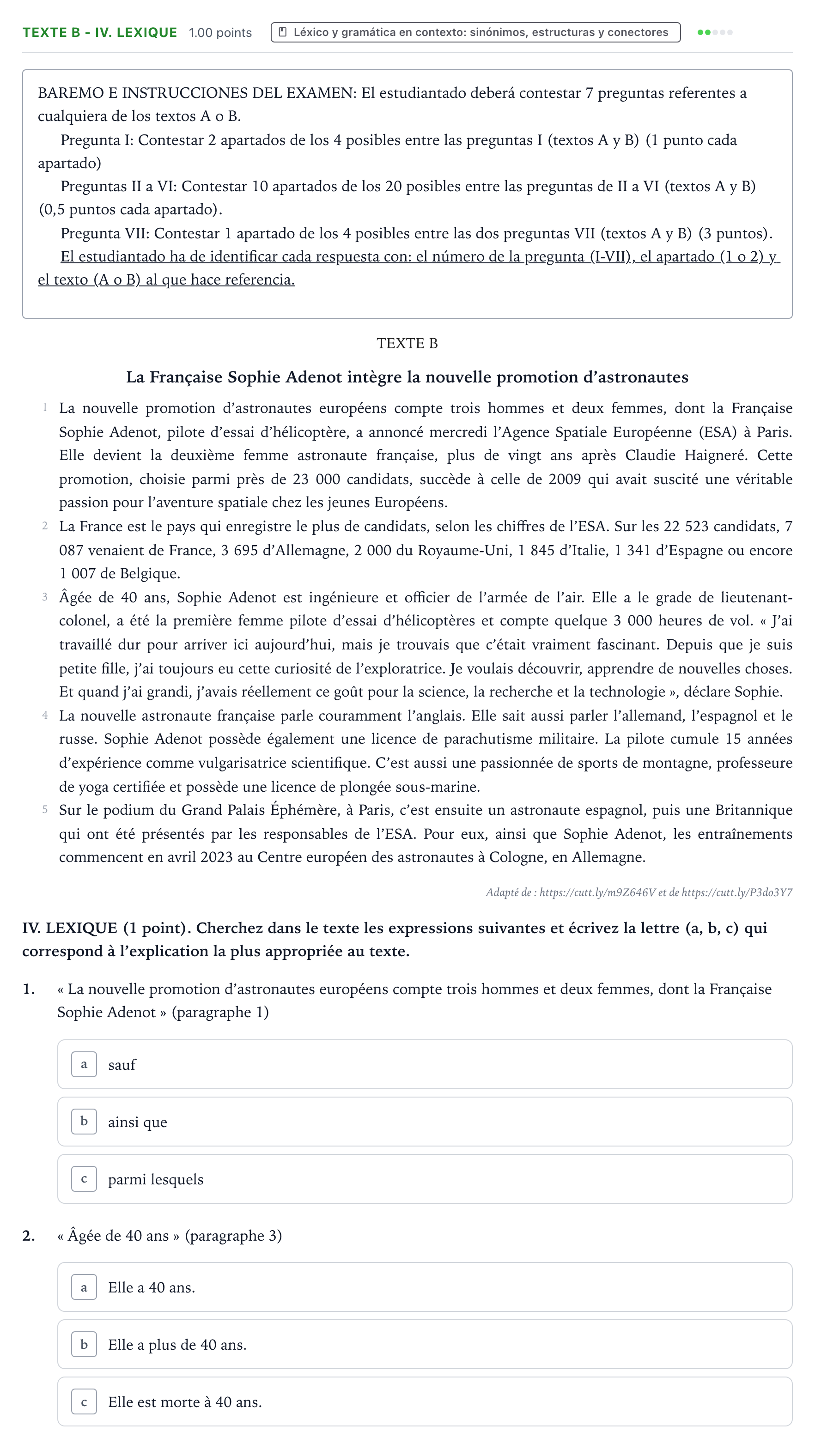 Enunciado: Ejercicio Texte B - IV. Lexique · Francés PAU Valencia Ordinaria 2023