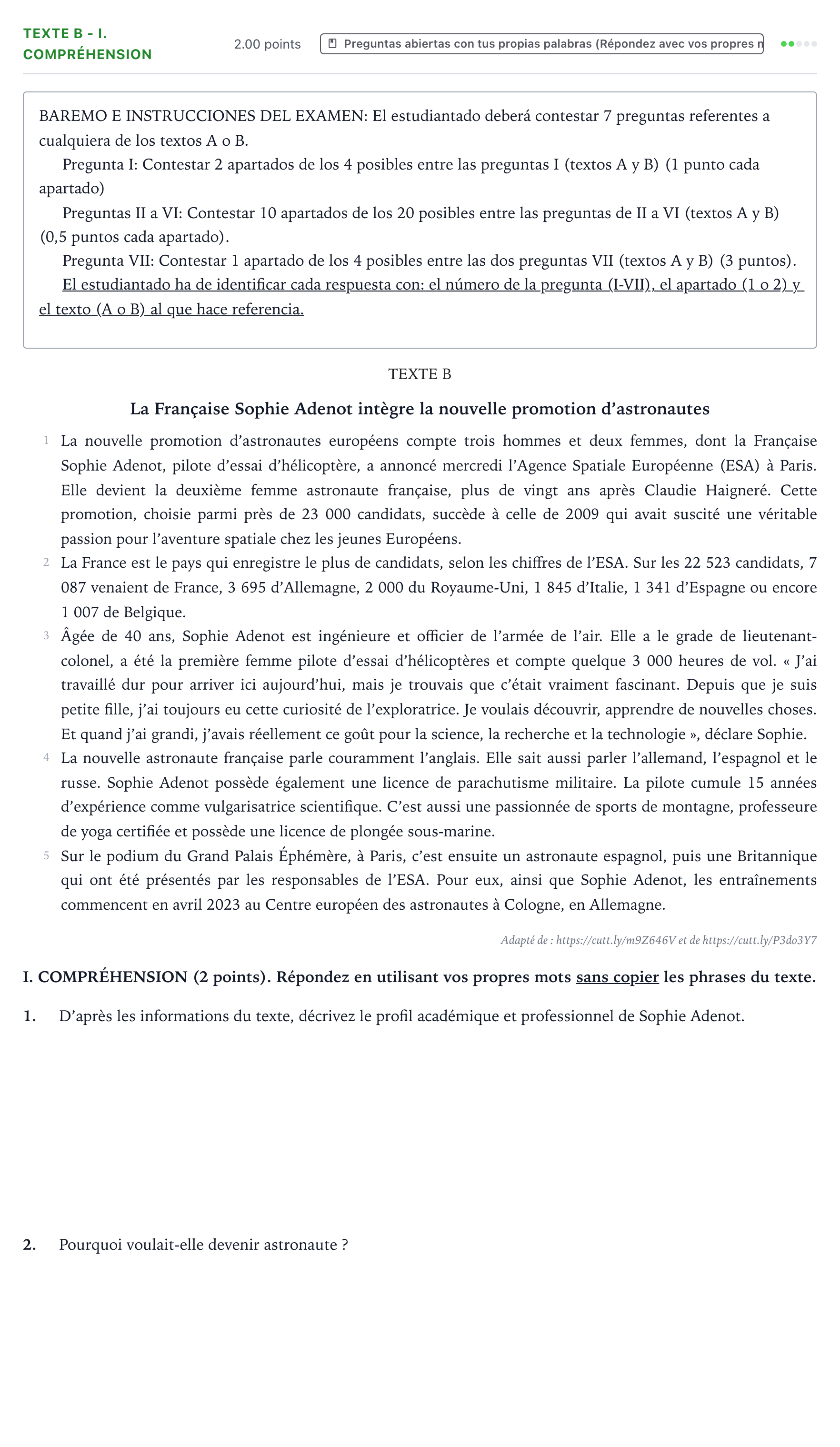 Enunciado: Ejercicio Texte B - I. Compréhension · Francés PAU Valencia Ordinaria 2023