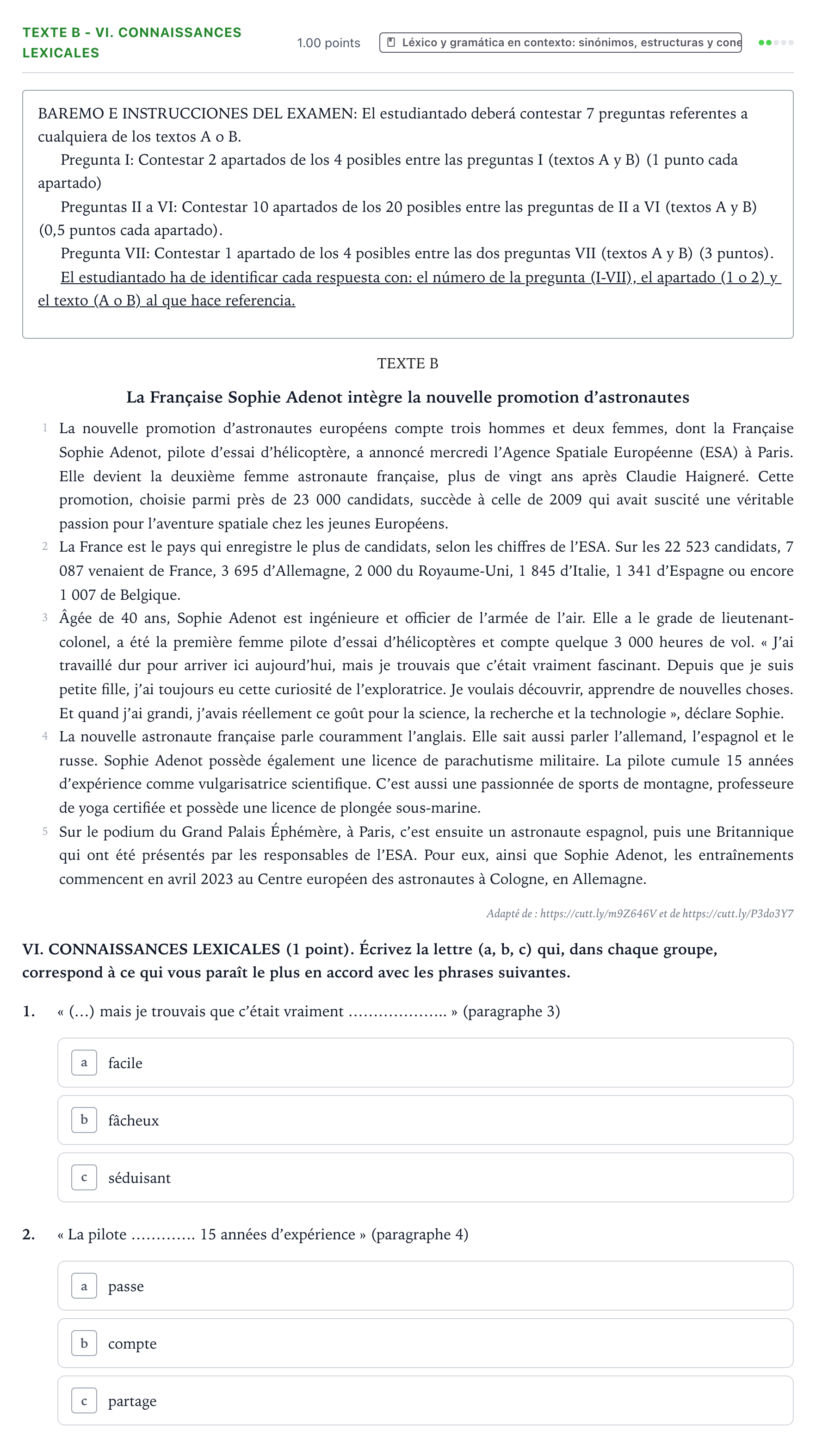 Enunciado: Ejercicio Texte B - VI. Connaissances lexicales · Francés PAU Valencia Ordinaria 2023