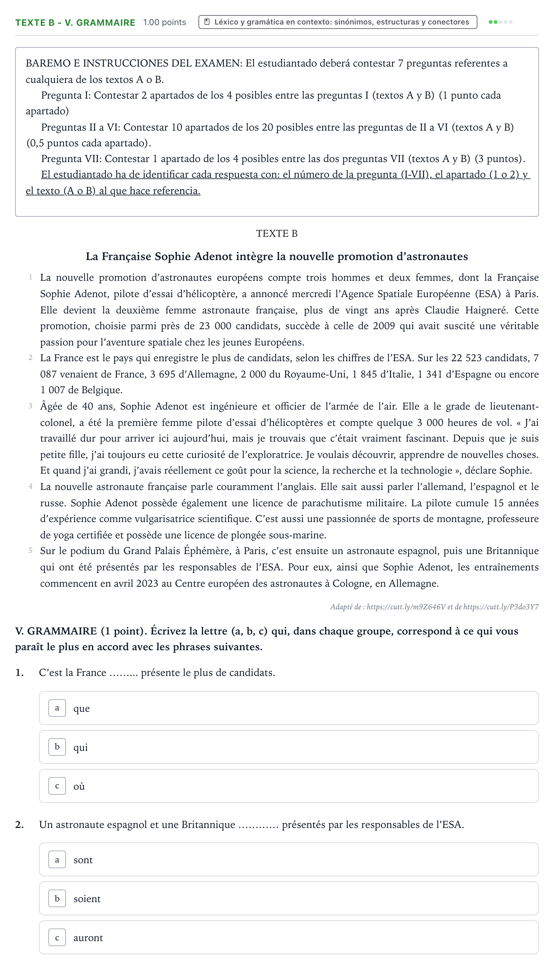 Enunciado: Ejercicio Texte B - V. Grammaire · Francés PAU Valencia Ordinaria 2023