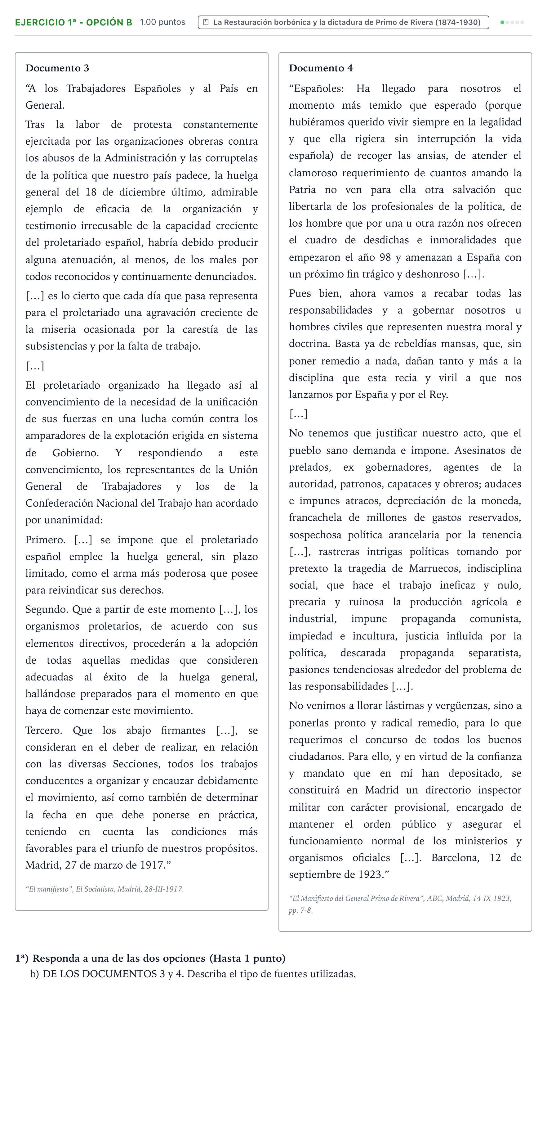 Enunciado: Ejercicio 1ª - Opción b · Historia de España PAU Valencia Extraordinaria 2023