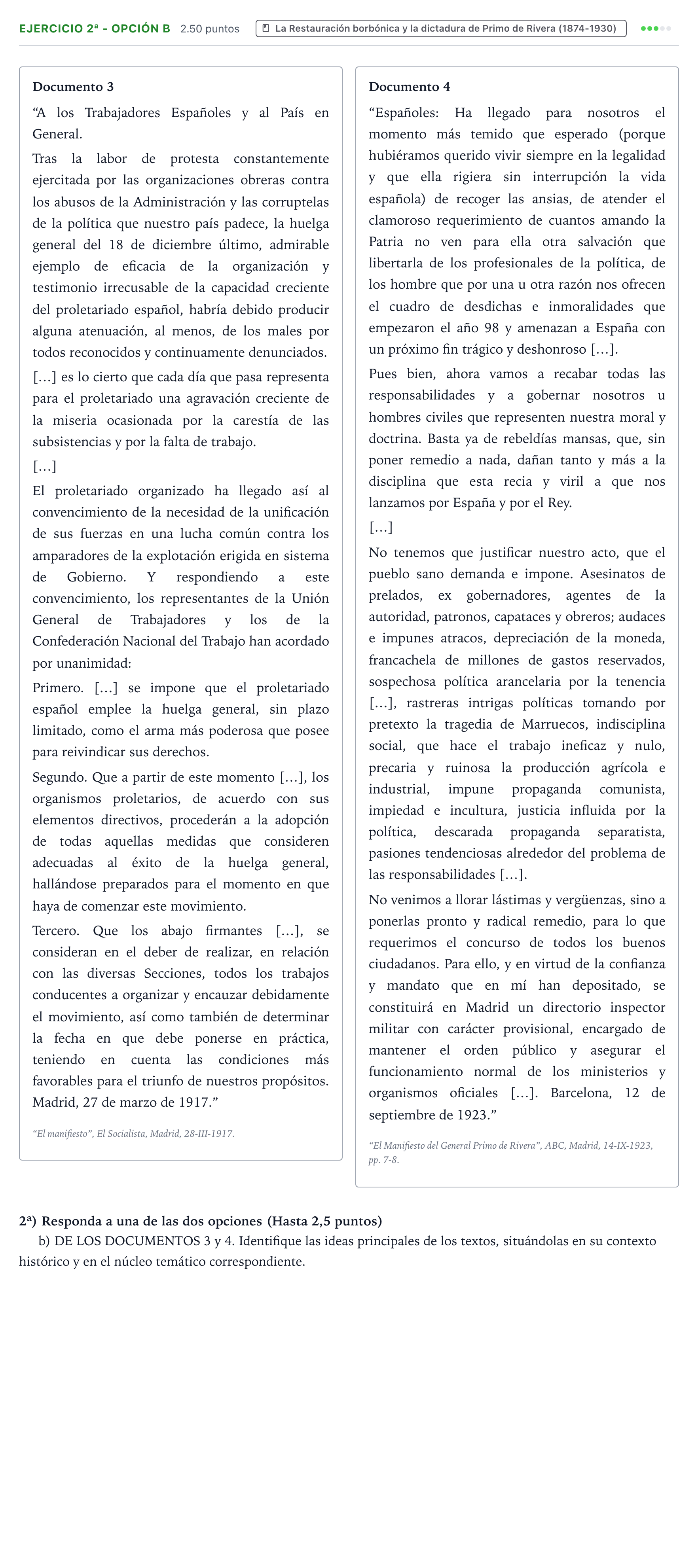Enunciado: Ejercicio 2ª - Opción b · Historia de España PAU Valencia Extraordinaria 2023