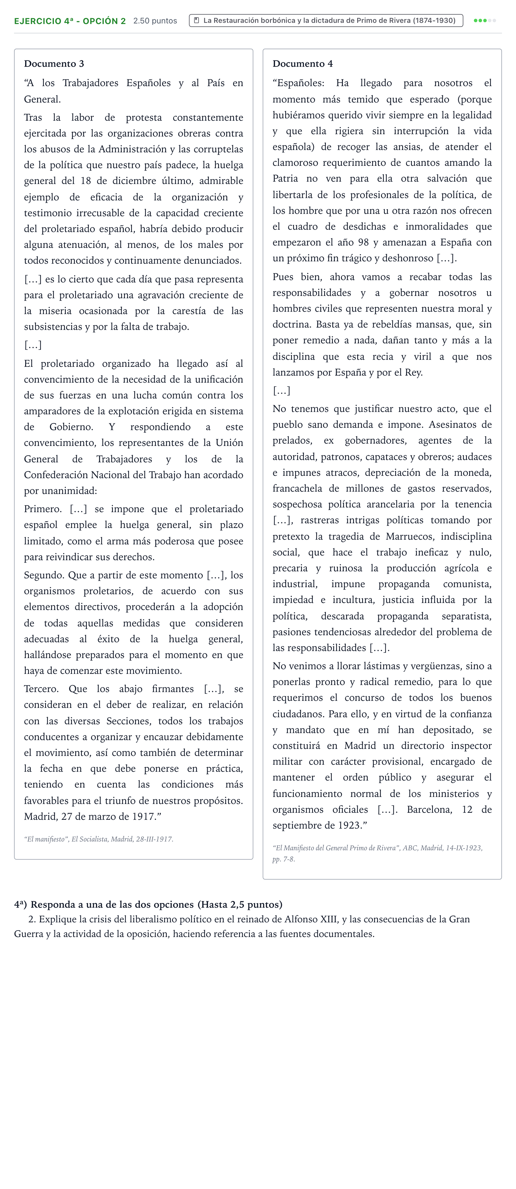 Enunciado: Ejercicio 4ª - Opción 2 · Historia de España PAU Valencia Extraordinaria 2023