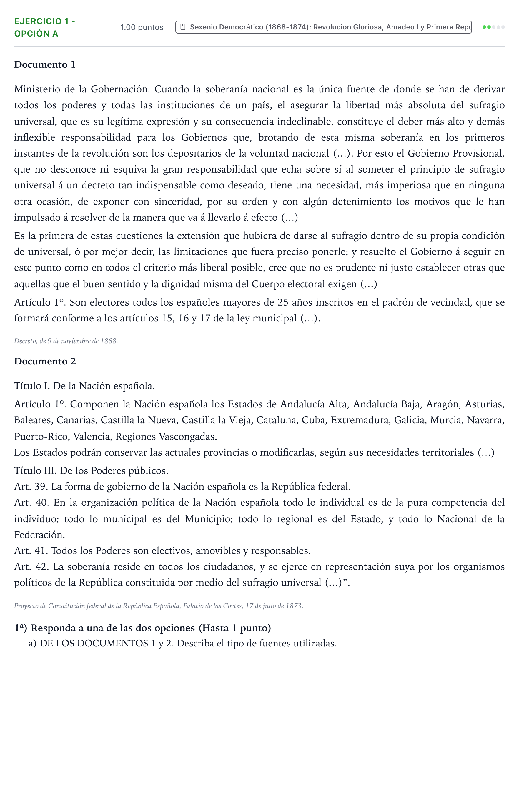 Enunciado: Ejercicio 1 - Opción a · Historia de España PAU Valencia Ordinaria 2023