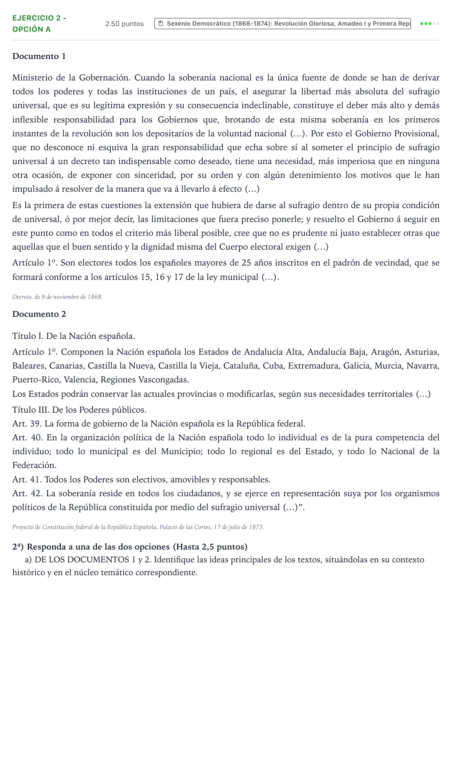 Enunciado: Ejercicio 2 - Opción a · Historia de España PAU Valencia Ordinaria 2023
