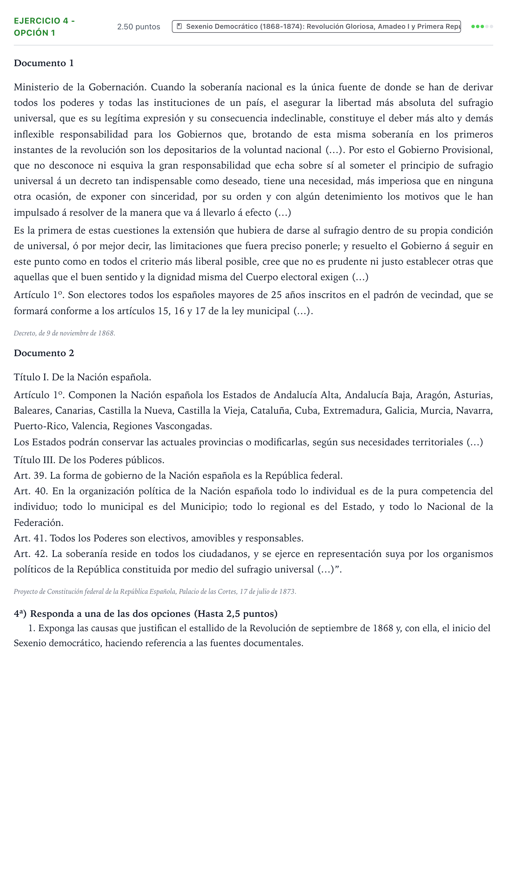 Enunciado: Ejercicio 4 - Opción 1 · Historia de España PAU Valencia Ordinaria 2023