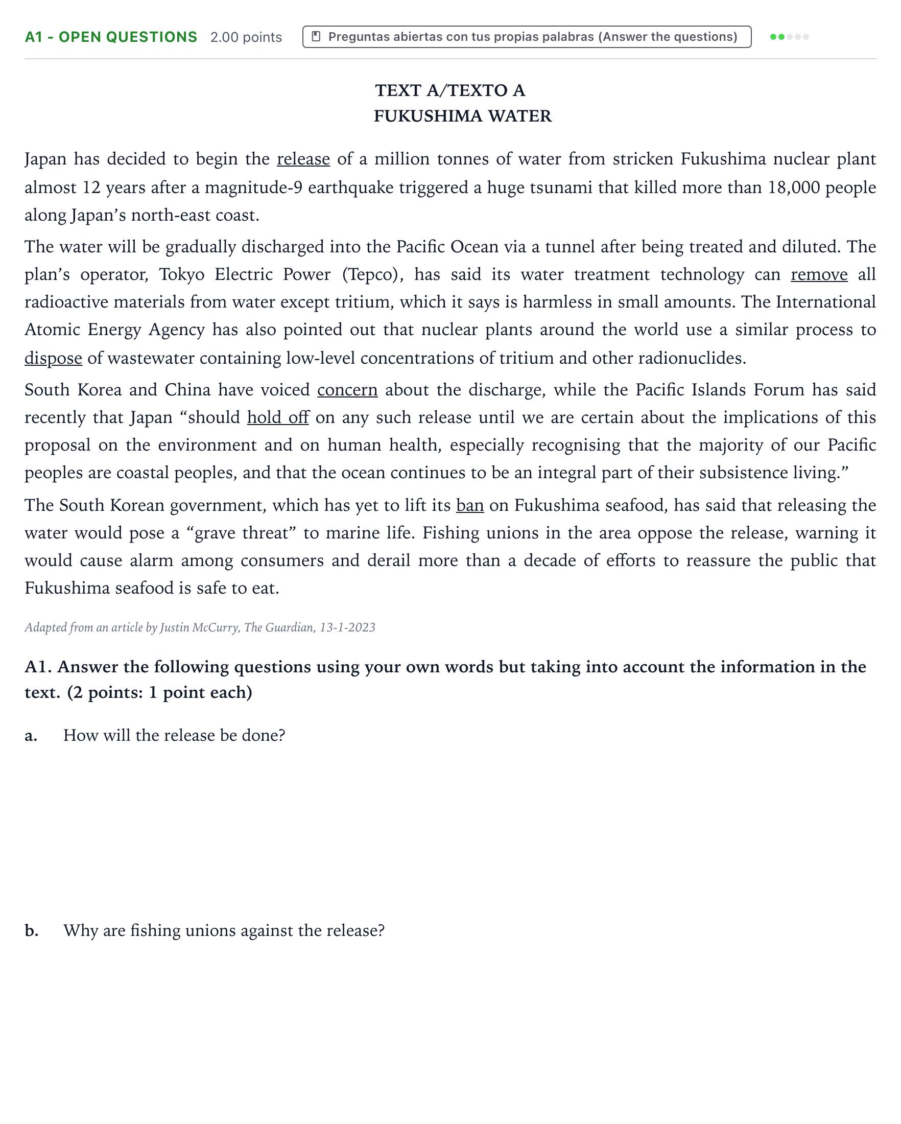 Enunciado: Ejercicio A1 - Open questions · Inglés PAU Valencia Extraordinaria 2023