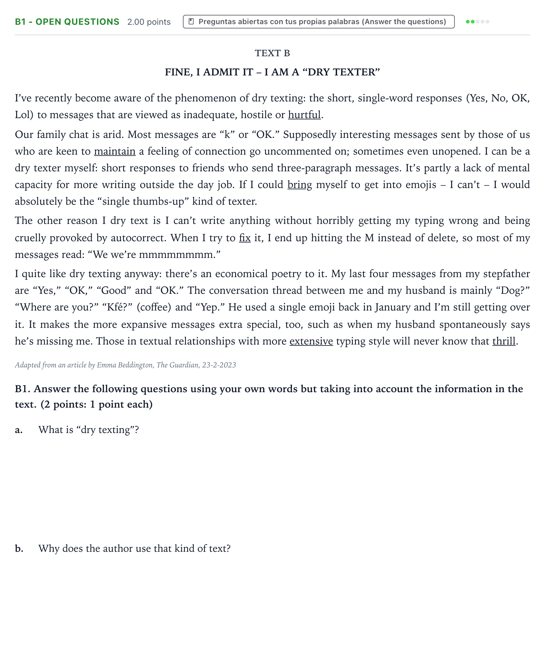 Enunciado: Ejercicio B1 - Open questions · Inglés PAU Valencia Extraordinaria 2023