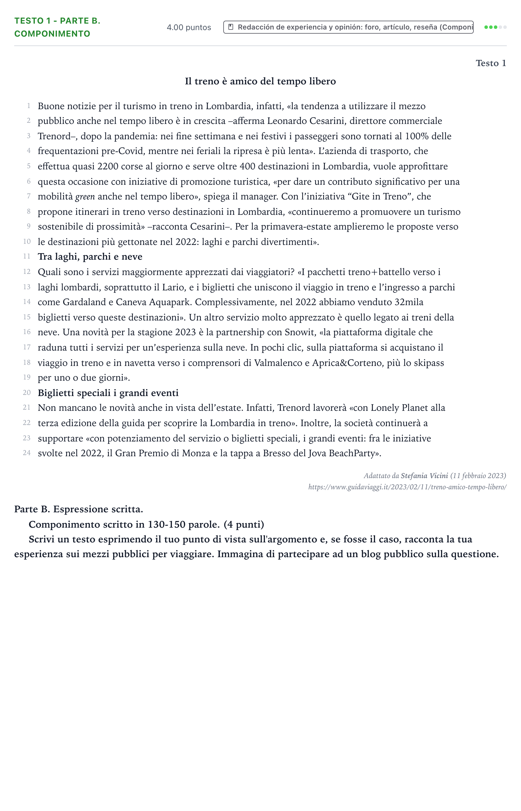 Enunciado: Ejercicio Testo 1 - Parte B. Componimento · Italiano PAU Valencia Extraordinaria 2023
