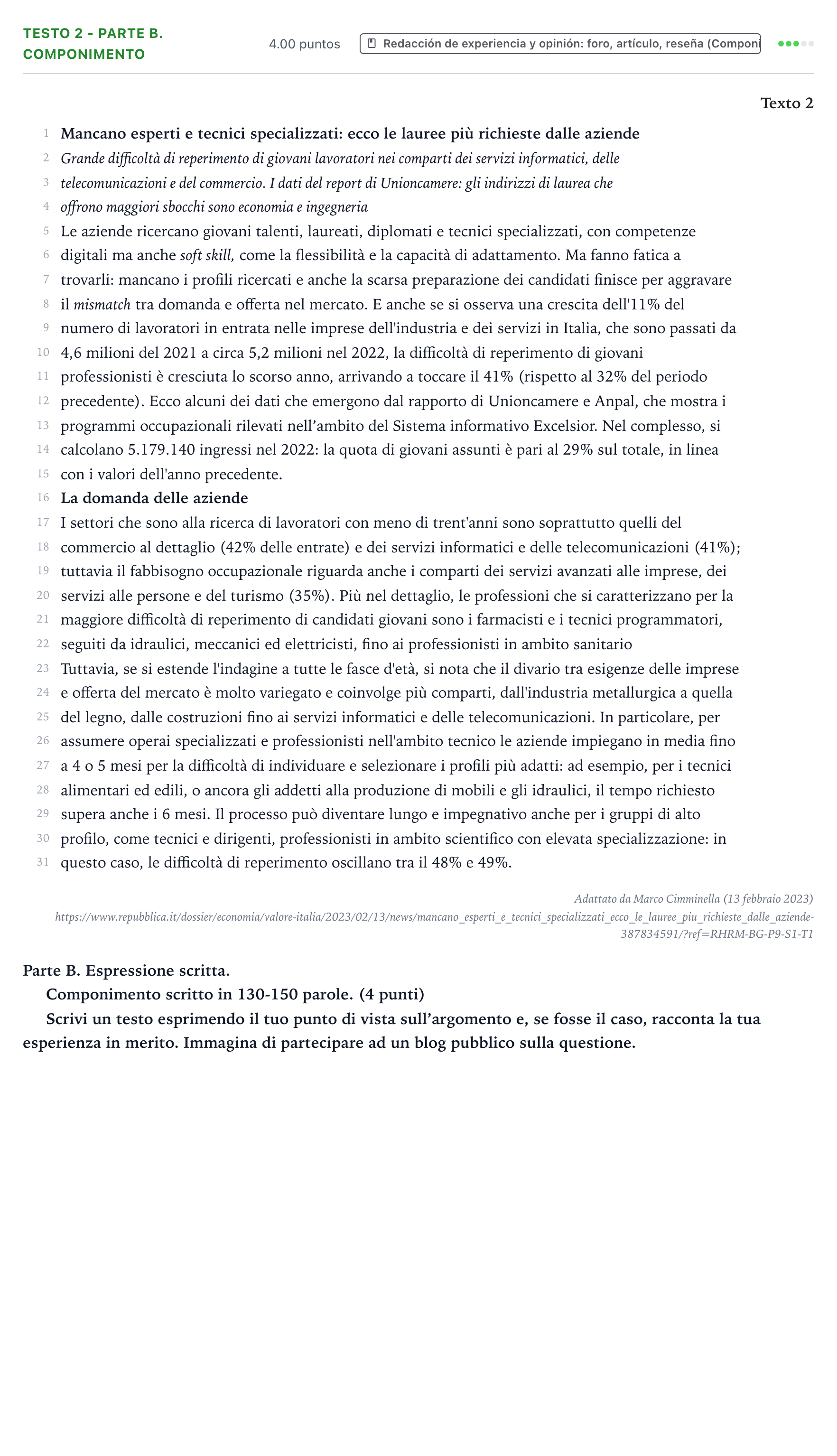 Enunciado: Ejercicio Testo 2 - Parte B. Componimento · Italiano PAU Valencia Extraordinaria 2023