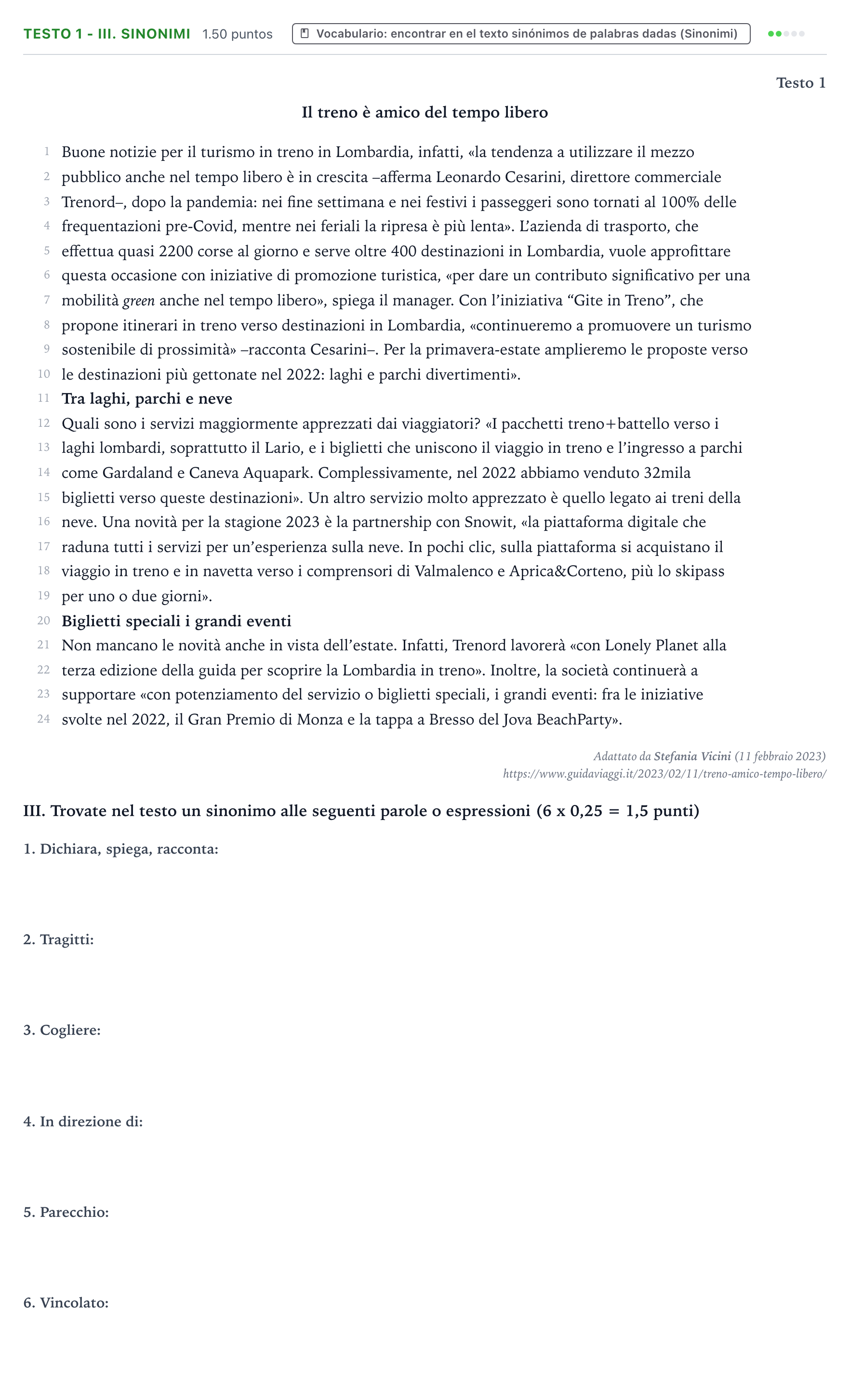 Enunciado: Ejercicio Testo 1 - III. Sinonimi · Italiano PAU Valencia Extraordinaria 2023