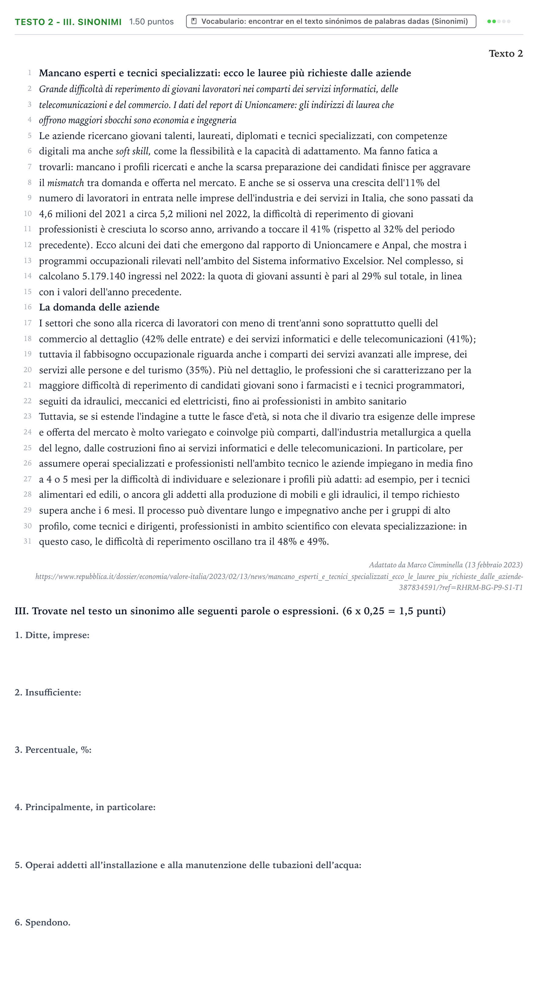 Enunciado: Ejercicio Testo 2 - III. Sinonimi · Italiano PAU Valencia Extraordinaria 2023
