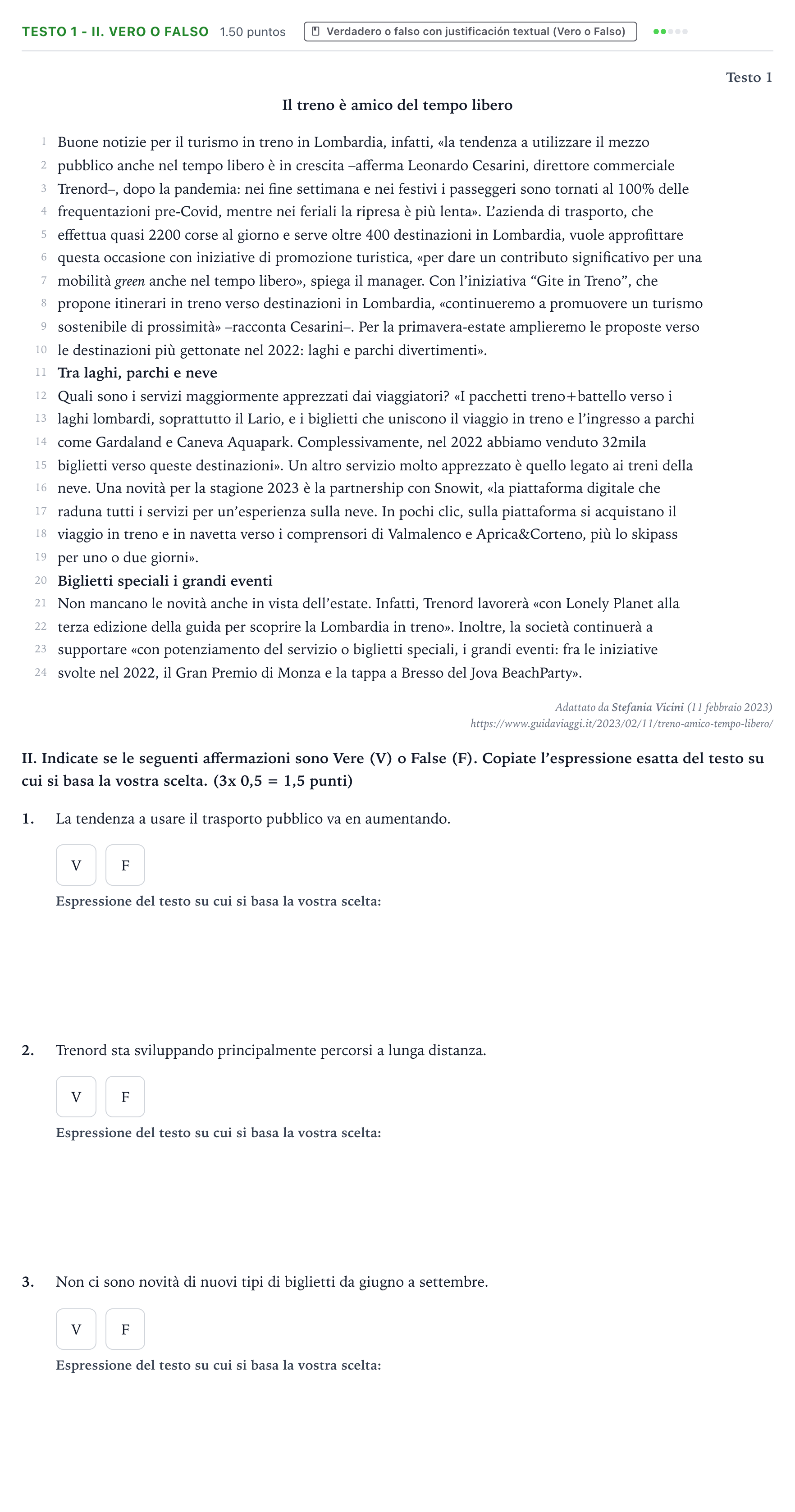 Enunciado: Ejercicio Testo 1 - II. Vero o Falso · Italiano PAU Valencia Extraordinaria 2023