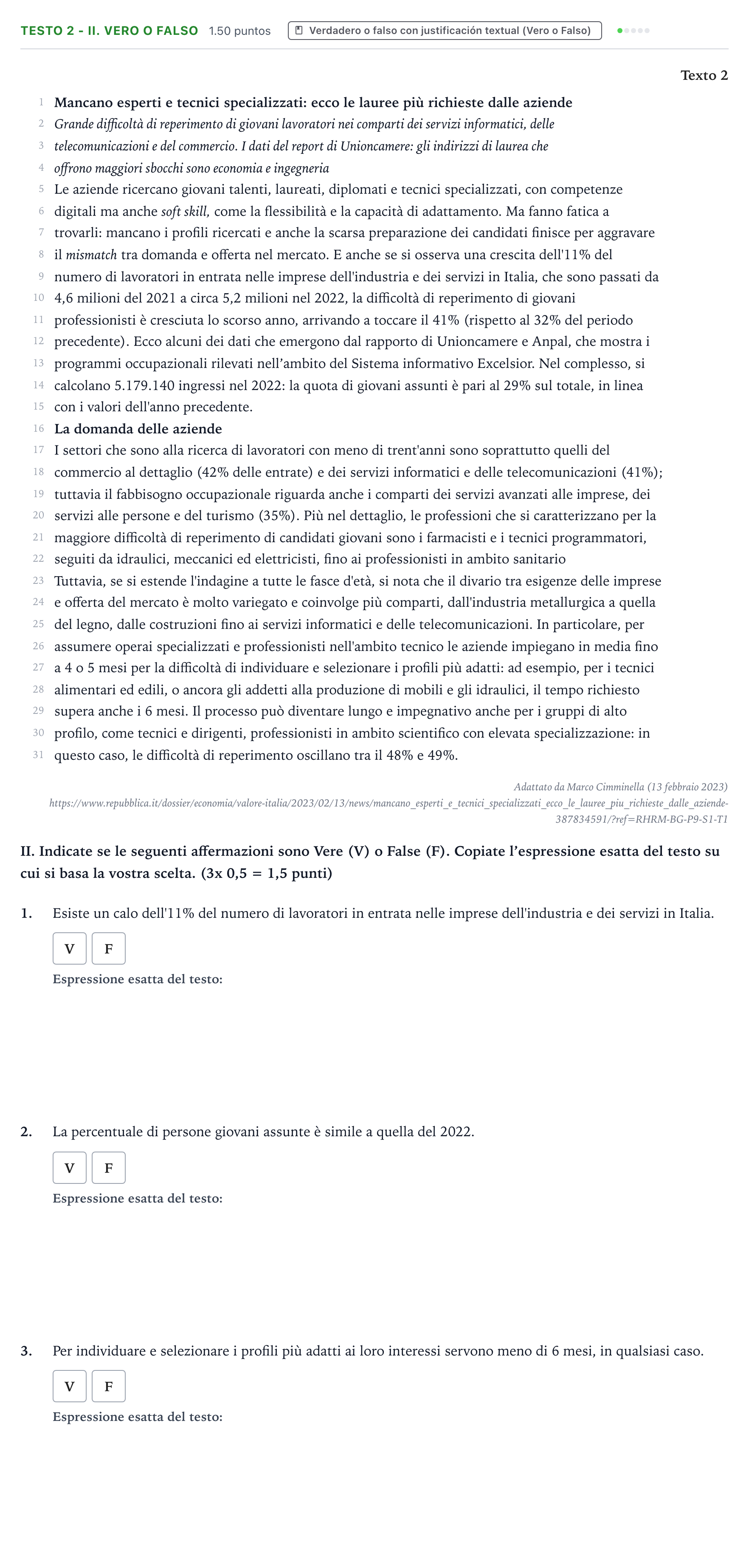 Enunciado: Ejercicio Testo 2 - II. Vero o Falso · Italiano PAU Valencia Extraordinaria 2023