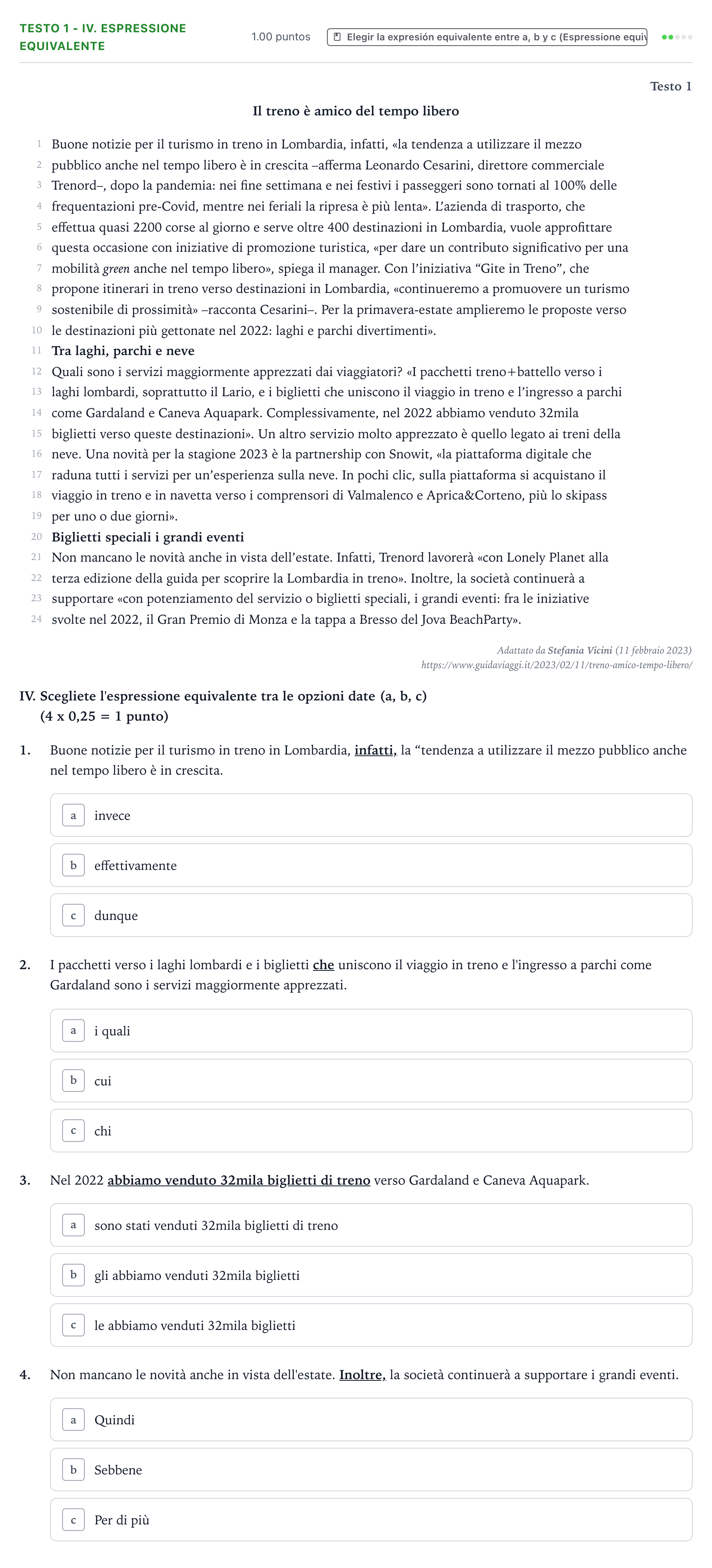 Enunciado: Ejercicio Testo 1 - IV. Espressione equivalente · Italiano PAU Valencia Extraordinaria 2023