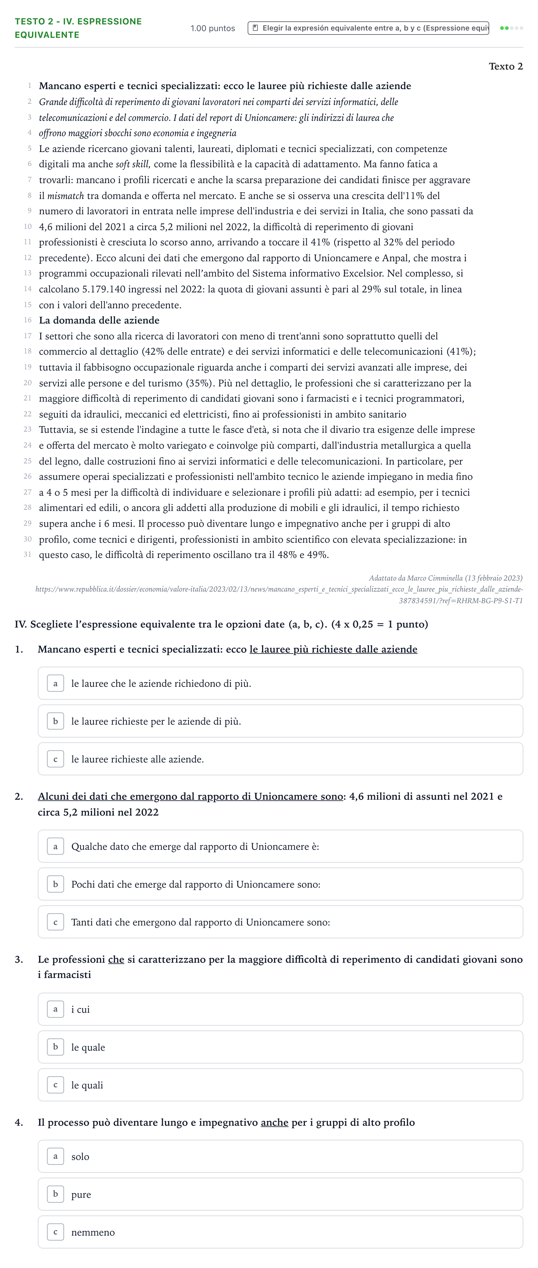 Enunciado: Ejercicio Testo 2 - IV. Espressione equivalente · Italiano PAU Valencia Extraordinaria 2023