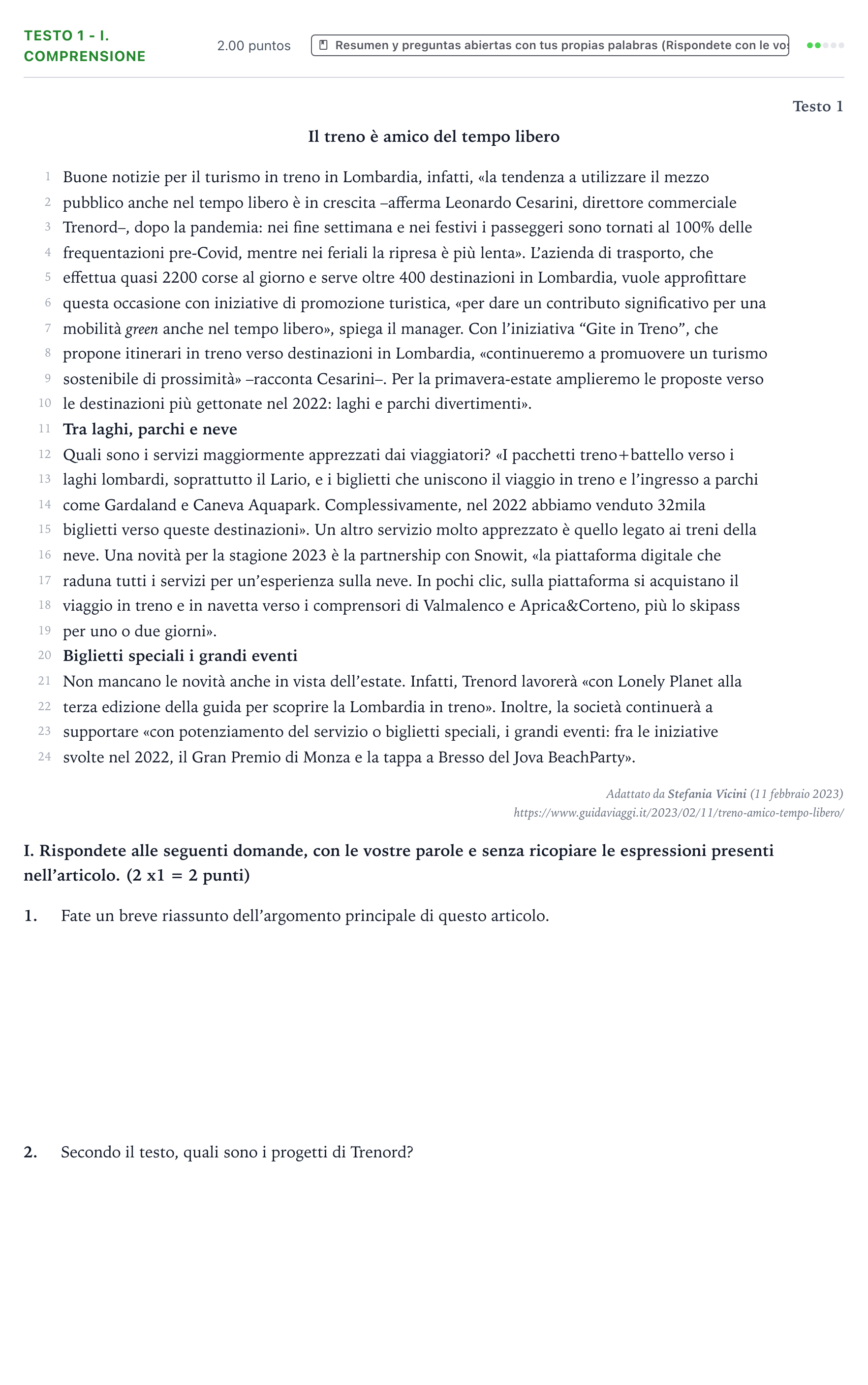 Enunciado: Ejercicio Testo 1 - I. Comprensione · Italiano PAU Valencia Extraordinaria 2023
