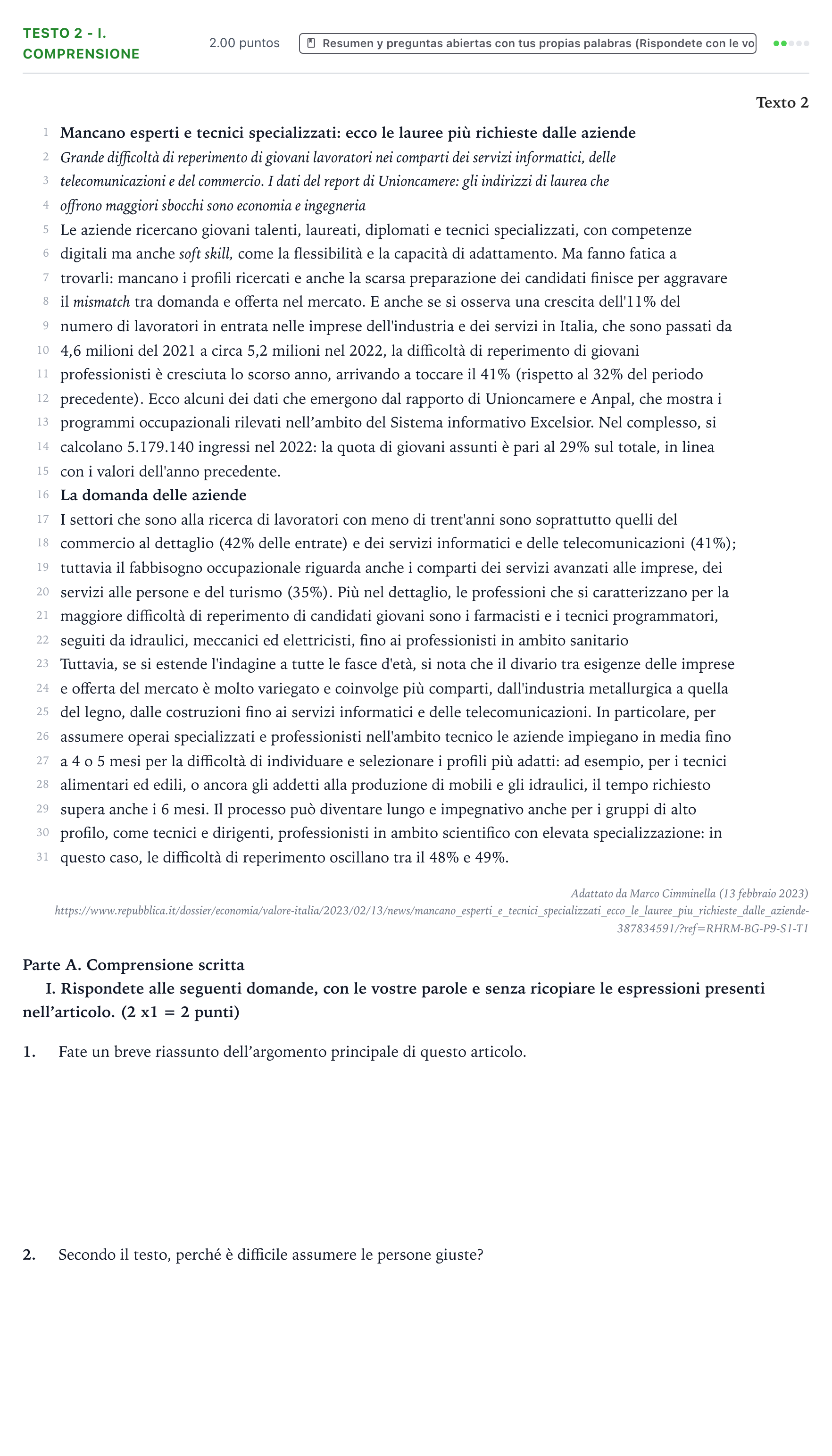 Enunciado: Ejercicio Testo 2 - I. Comprensione · Italiano PAU Valencia Extraordinaria 2023