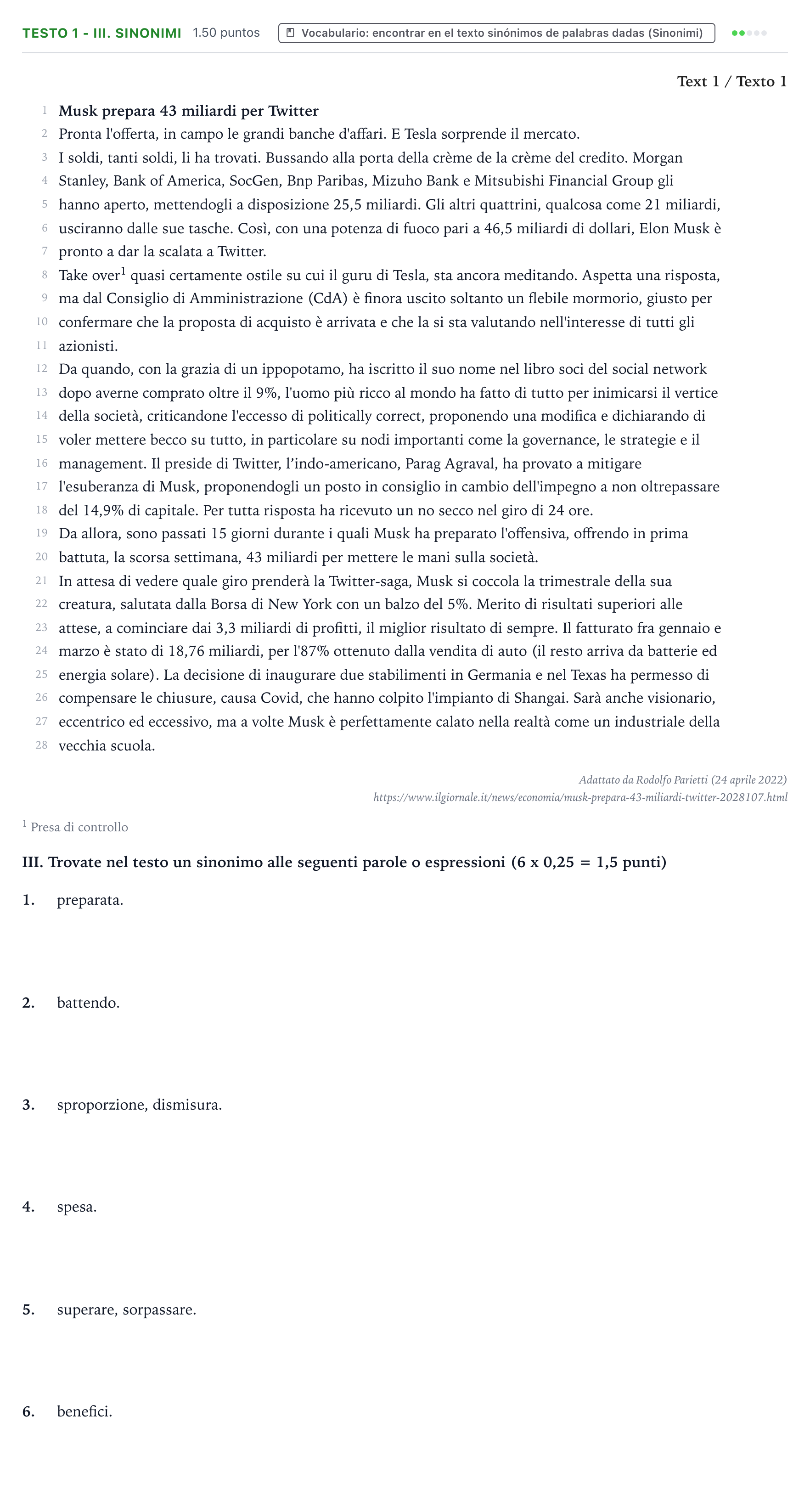 Enunciado: Ejercicio Testo 1 - III. Sinonimi · Italiano PAU Valencia Ordinaria 2023