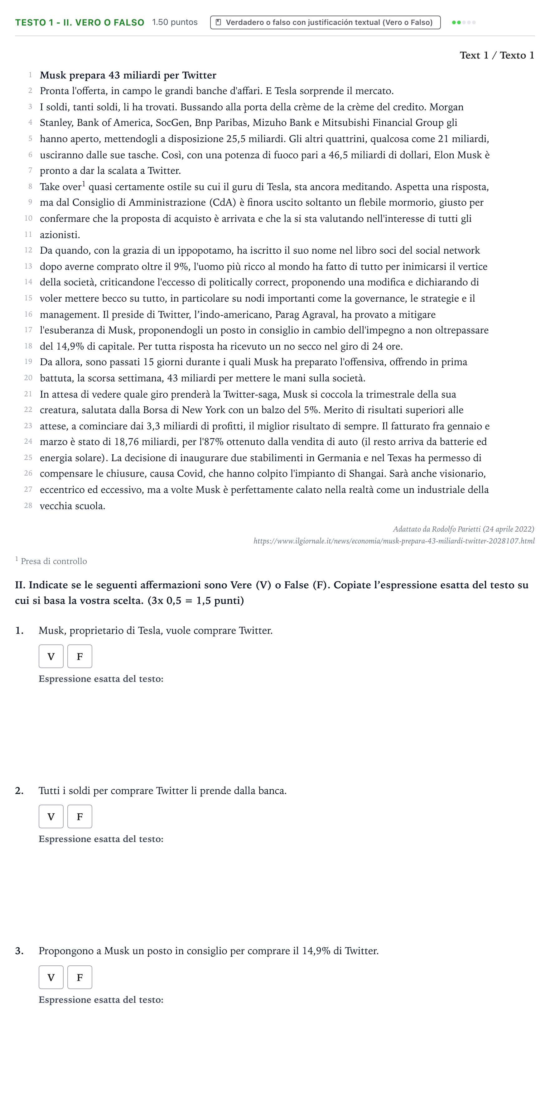 Enunciado: Ejercicio Testo 1 - II. Vero o Falso · Italiano PAU Valencia Ordinaria 2023