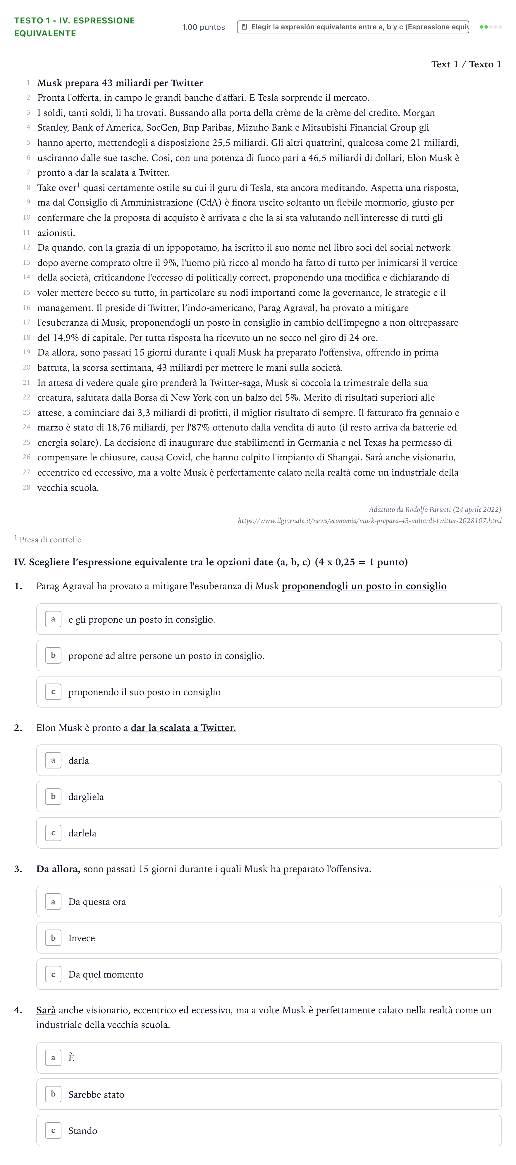 Enunciado: Ejercicio Testo 1 - IV. Espressione equivalente · Italiano PAU Valencia Ordinaria 2023