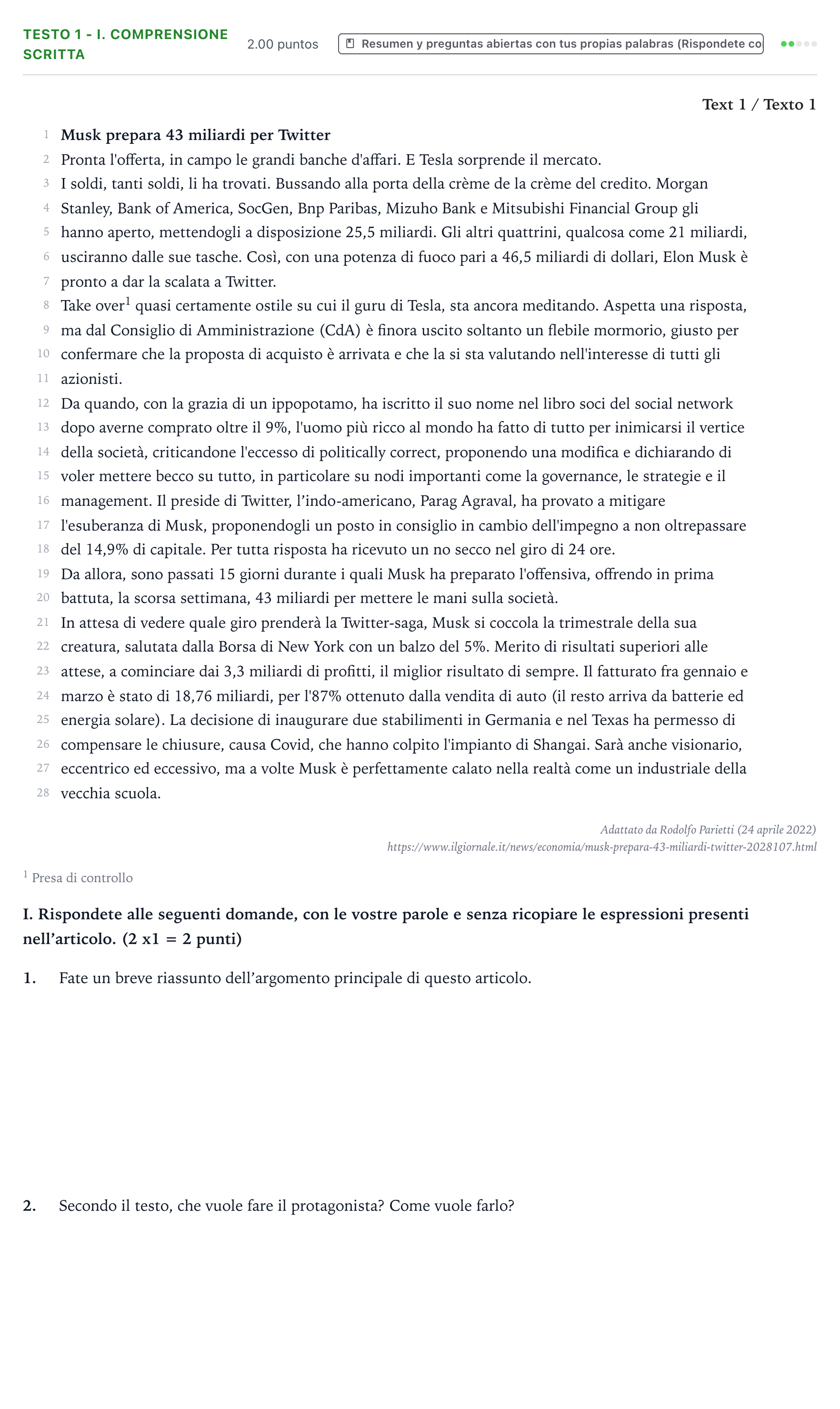 Enunciado: Ejercicio Testo 1 - I. Comprensione scritta · Italiano PAU Valencia Ordinaria 2023