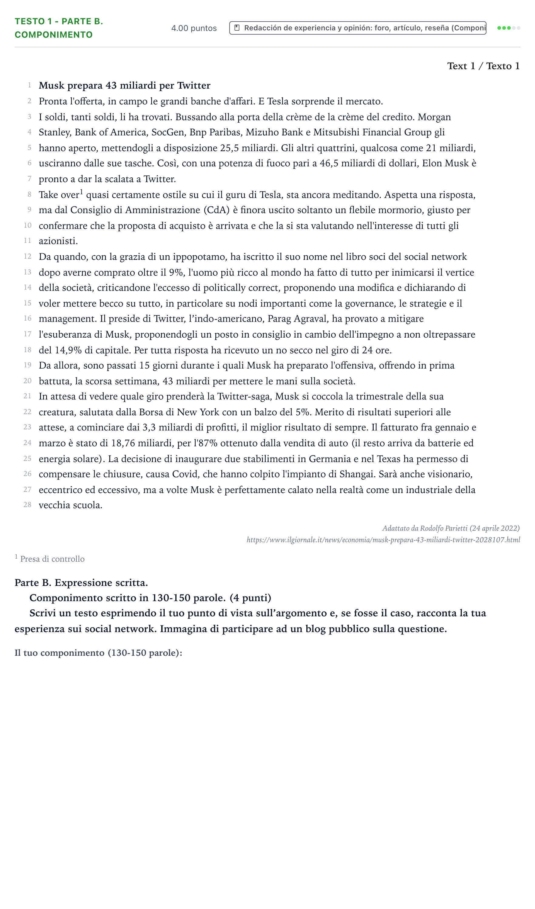 Enunciado: Ejercicio Testo 1 - Parte B. Componimento · Italiano PAU Valencia Ordinaria 2023